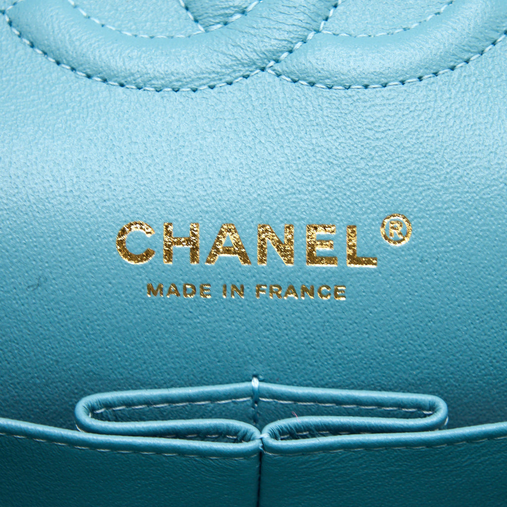 CHANEL TWEED MEDIUM CLASSIC DOUBLE FLAP BAG LIGHT BLUE LGHW