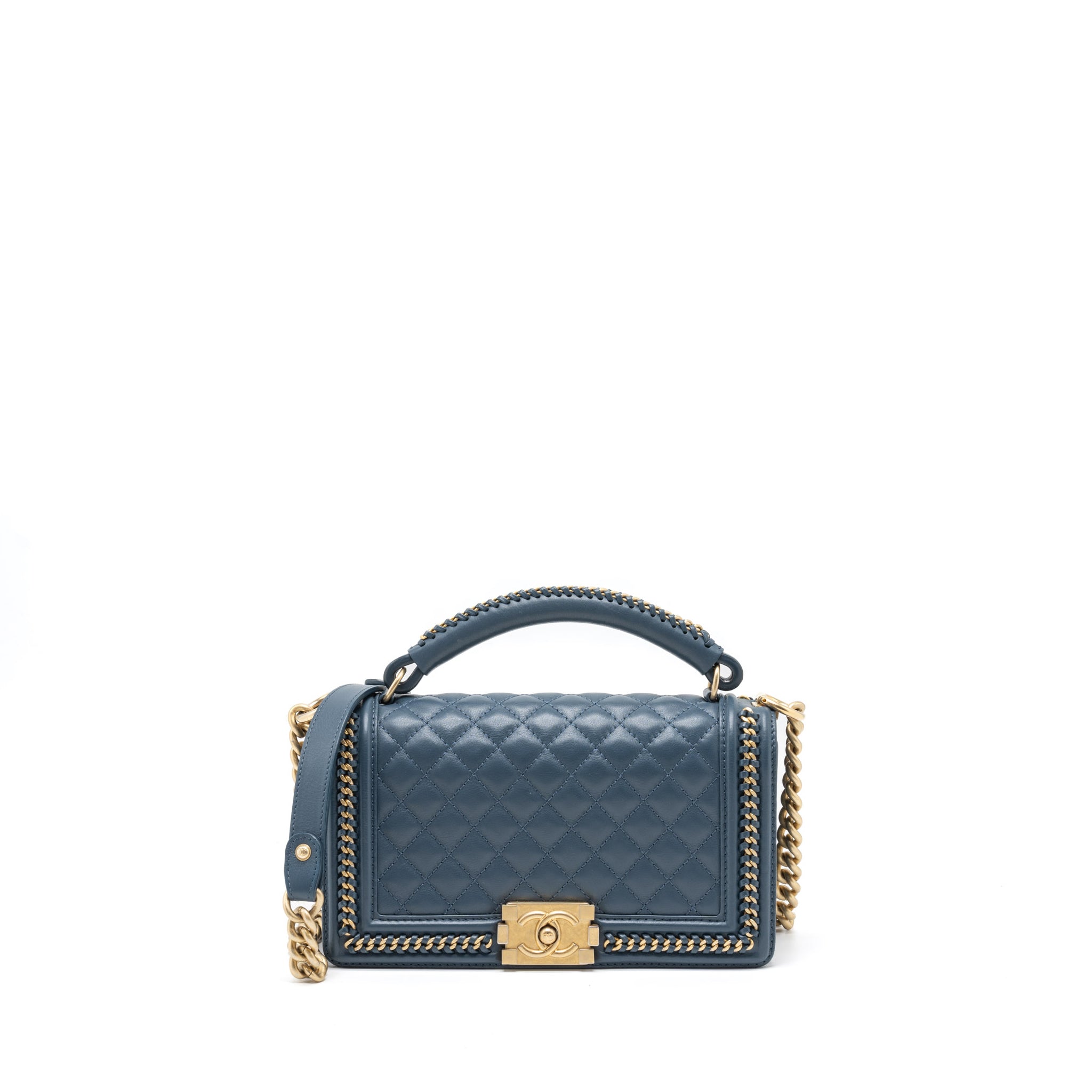 CHANEL TOP HANDLE BOY BAG LAMBSKIN DARK BLUE BRUSHED GHW