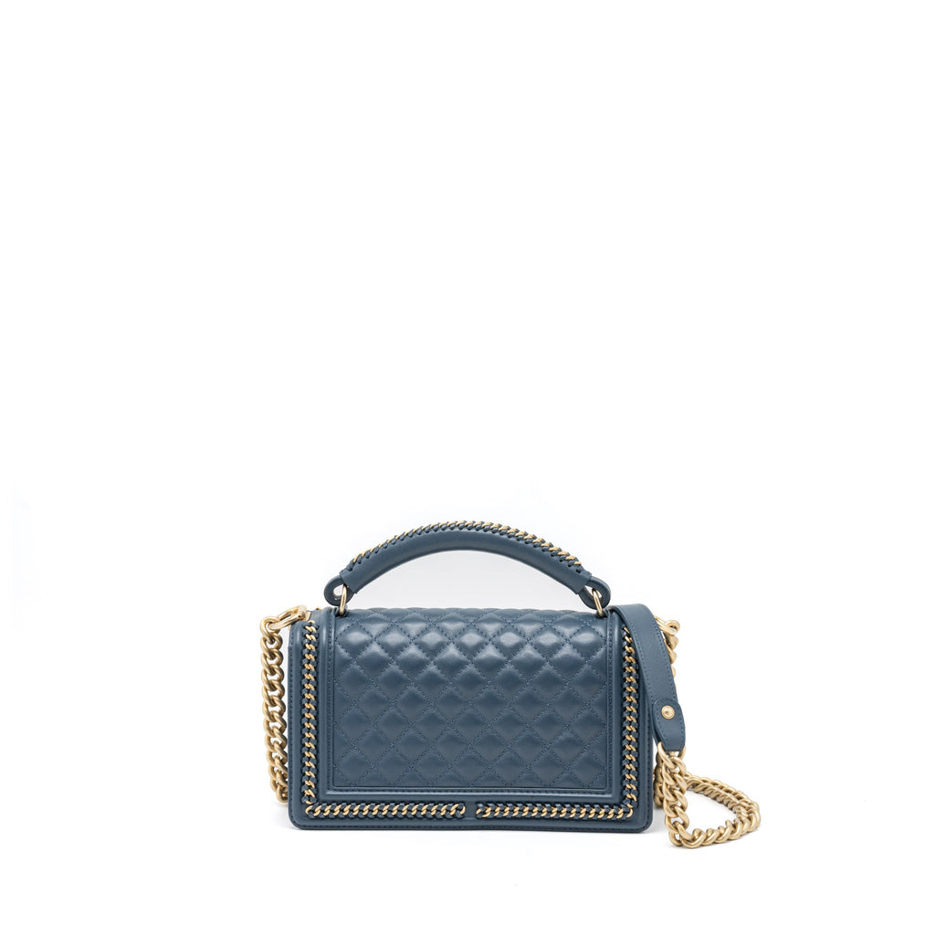 CHANEL TOP HANDLE BOY BAG LAMBSKIN DARK BLUE BRUSHED GHW