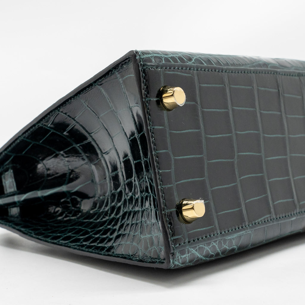 HERMES KELLY 25 SHINY ALLIGATOR MISSISSIPPIENSIS VERT CYPRES GHW