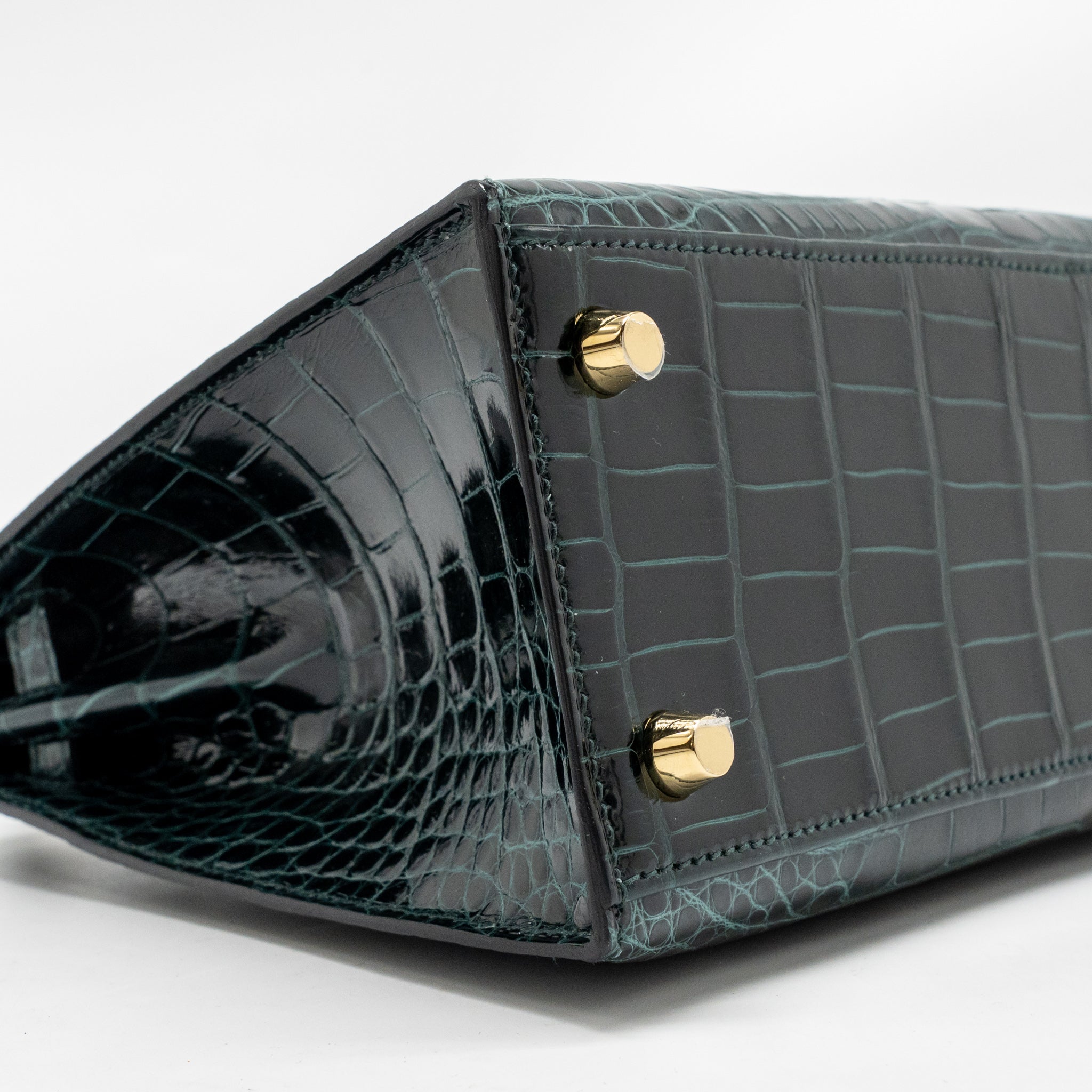 HERMES KELLY 25 SHINY ALLIGATOR MISSISSIPPIENSIS VERT CYPRES GHW
