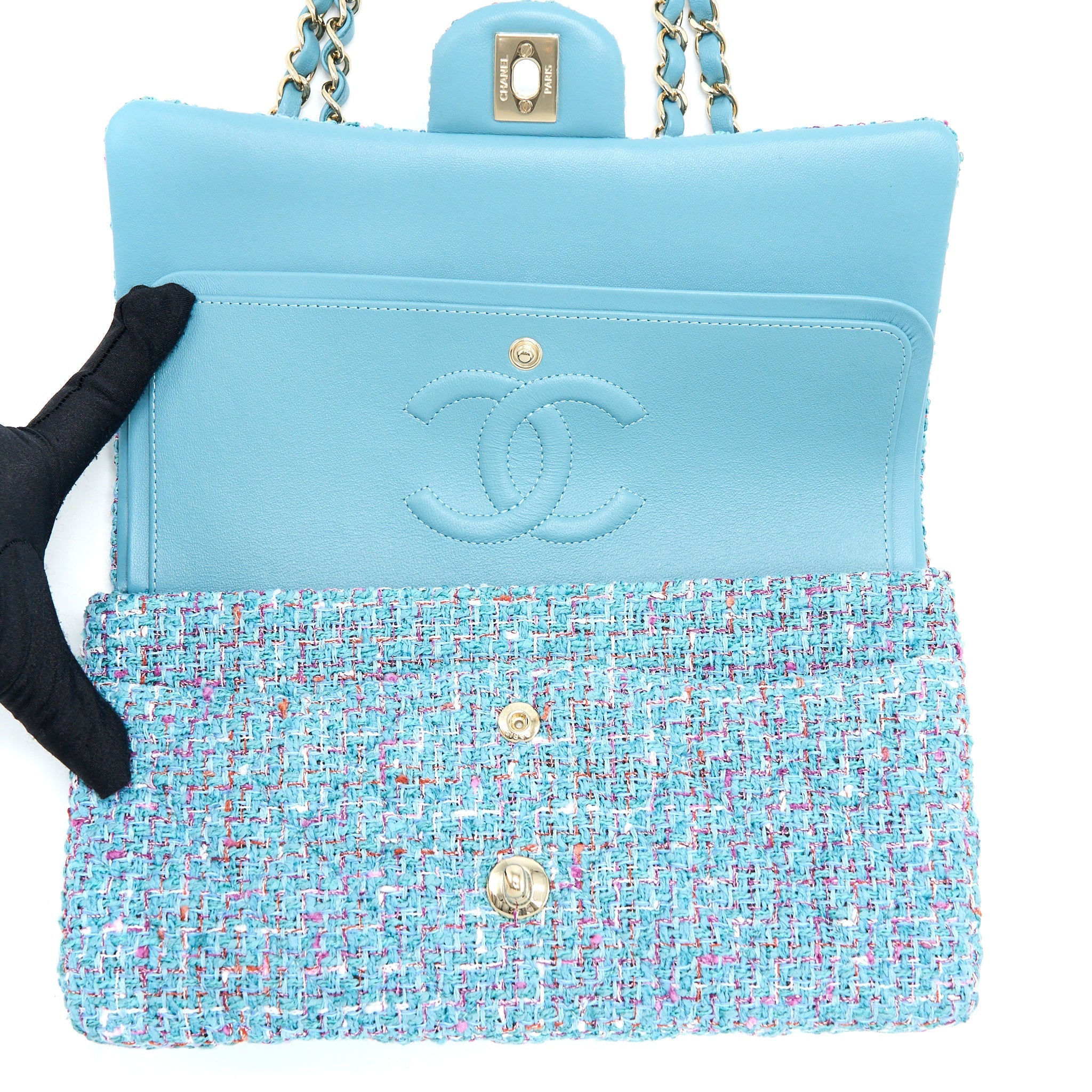 CHANEL TWEED MEDIUM CLASSIC DOUBLE FLAP BAG LIGHT BLUE LGHW