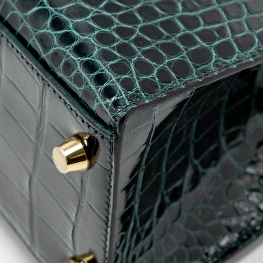 HERMES KELLY 25 SHINY ALLIGATOR MISSISSIPPIENSIS VERT CYPRES GHW