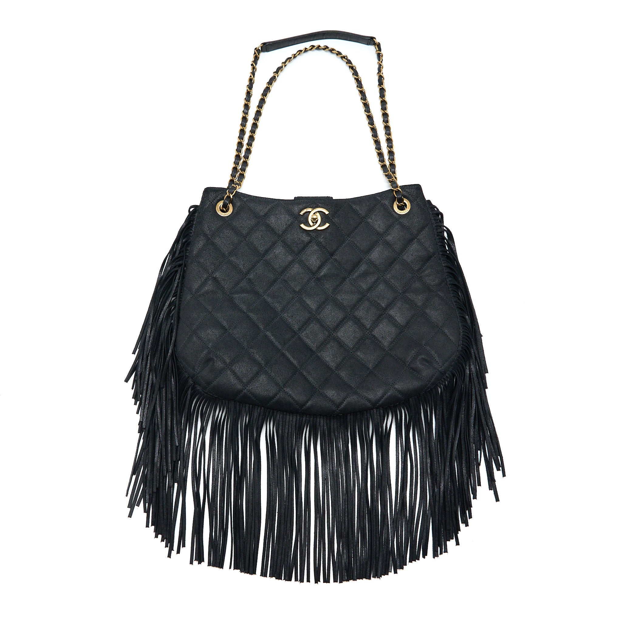 CHANEL TASSEL HOBO BAG FRINGED SHINY CALFSKIN BLACK BRUSHED GHW