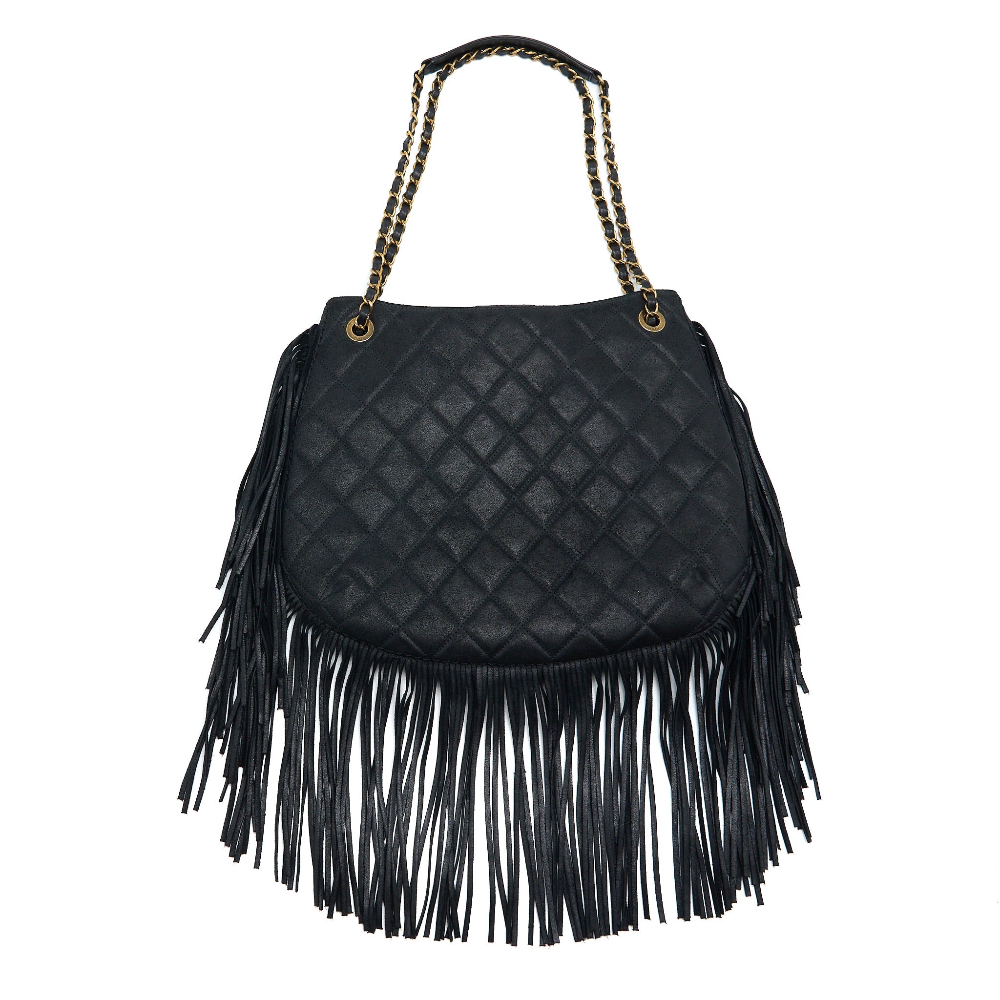CHANEL TASSEL HOBO BAG FRINGED SHINY CALFSKIN BLACK BRUSHED GHW