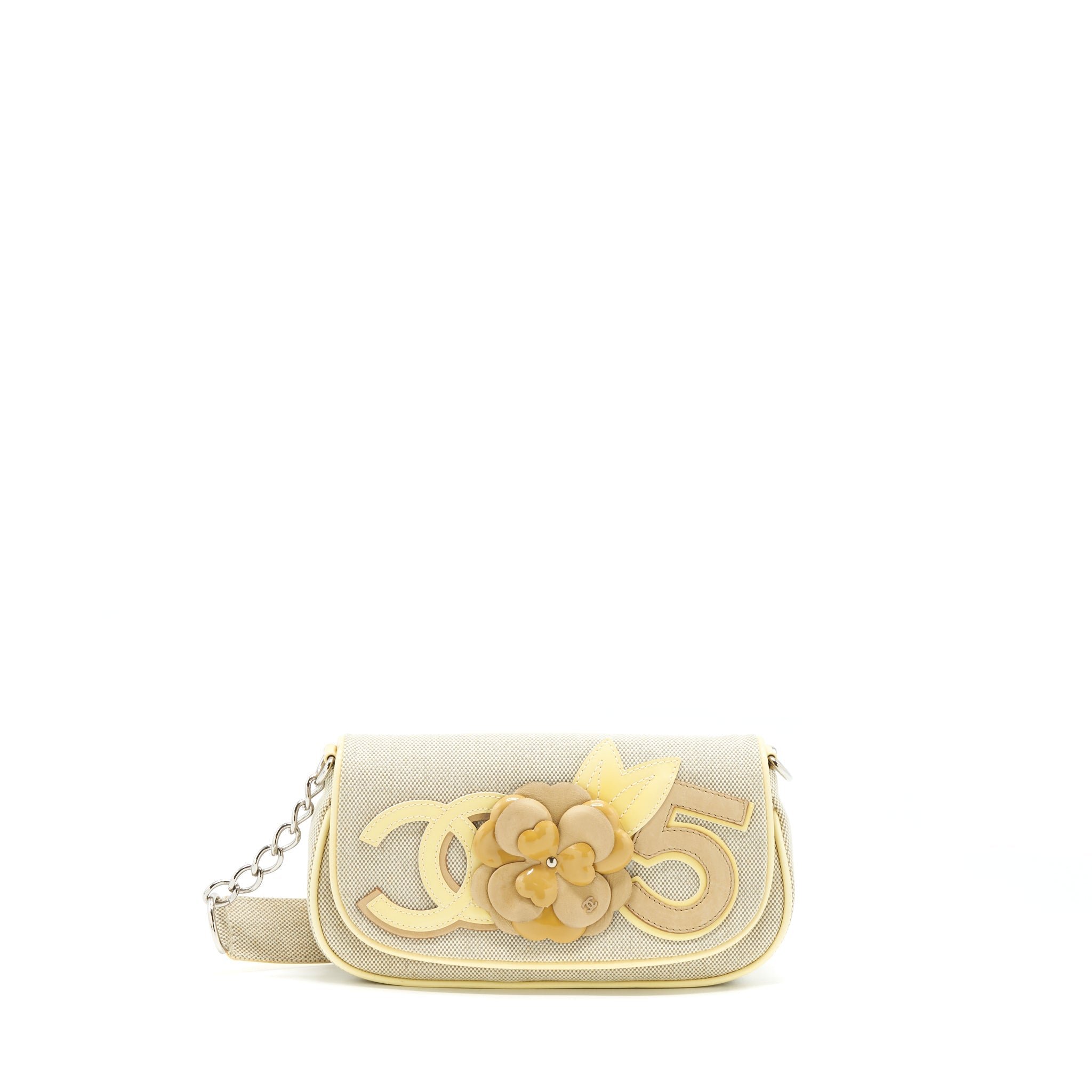 CHANEL BEIGE QUILTED CANVAS NO.5 CAMELLIA FLAP CREAMY SHOULDER BAG