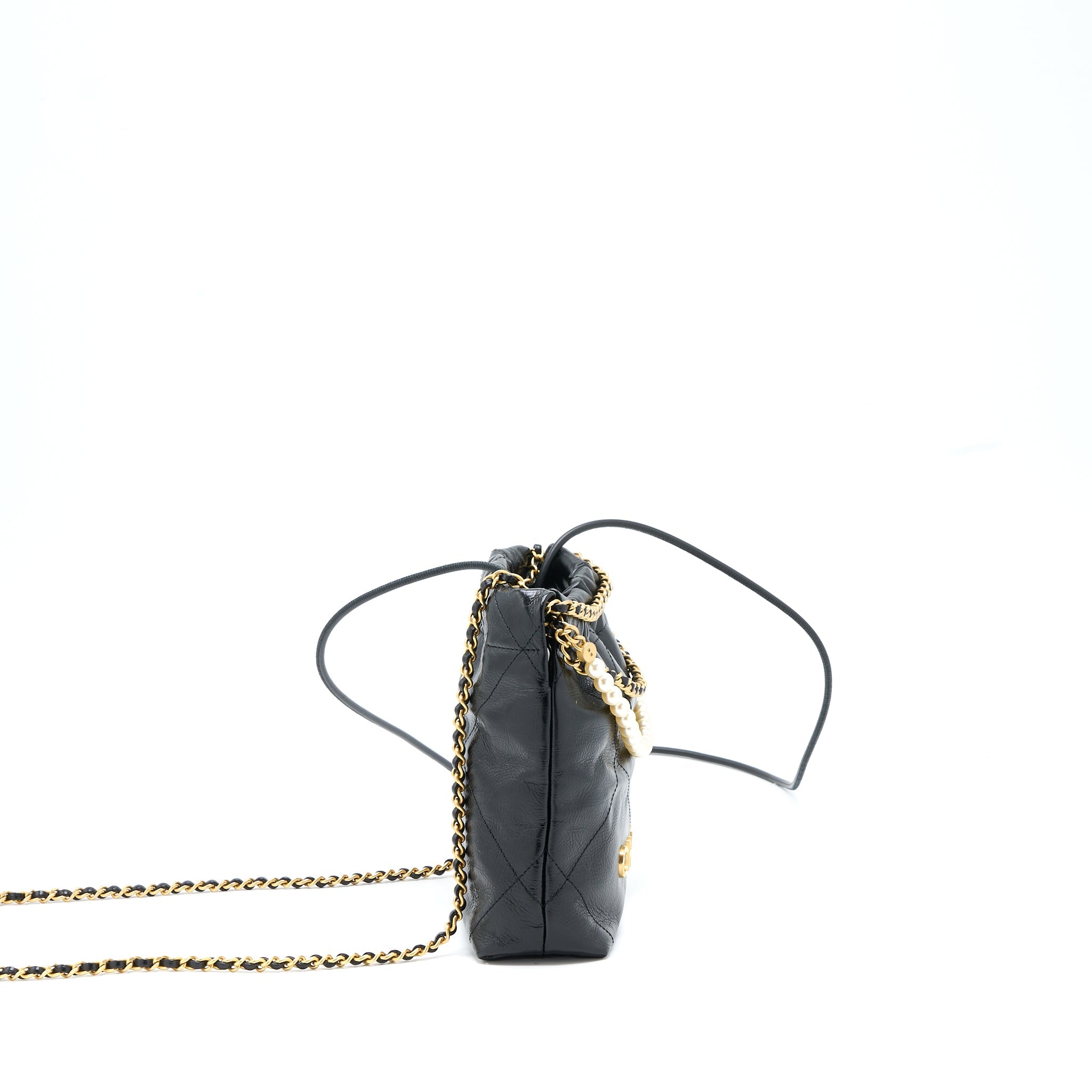 CHANEL 23S MINI 22 BAG WITH PEARL SHINY CALFSKIN BLACK GHW (MICROCHIP)
