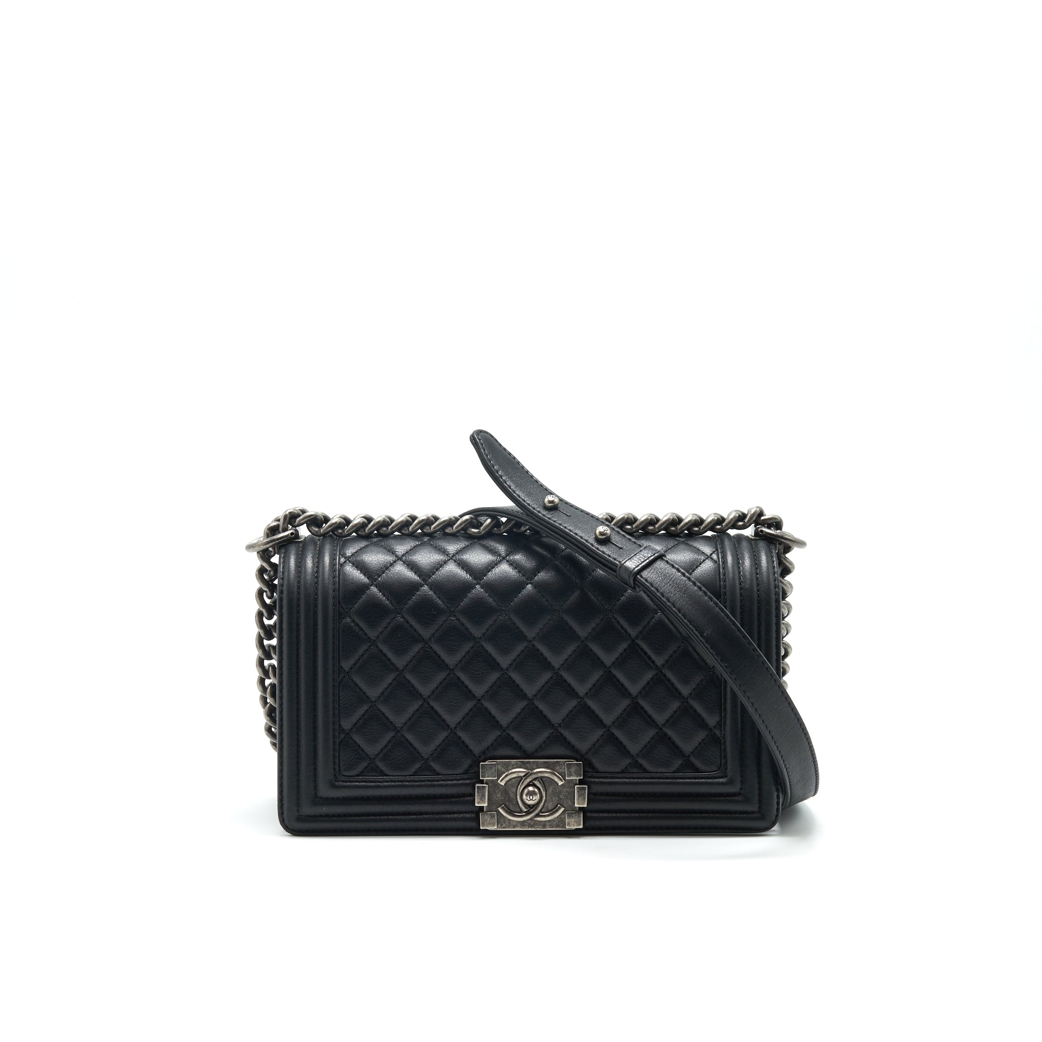 CHANEL OLD MEDIUM LEBOY BAG BLACK RUTHENIUM HARDWARE CALFSKIN