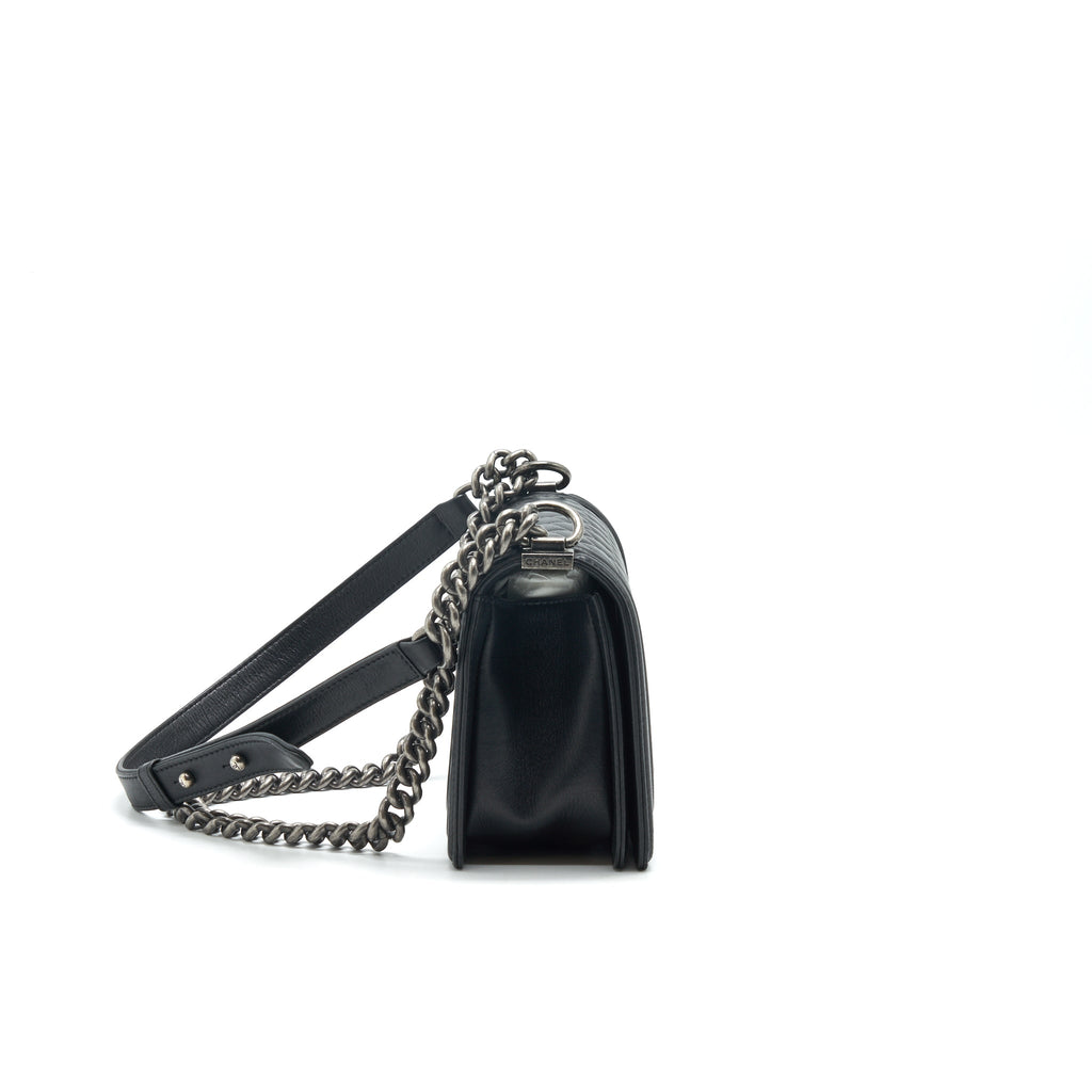 CHANEL OLD MEDIUM LEBOY BAG BLACK RUTHENIUM HARDWARE CALFSKIN