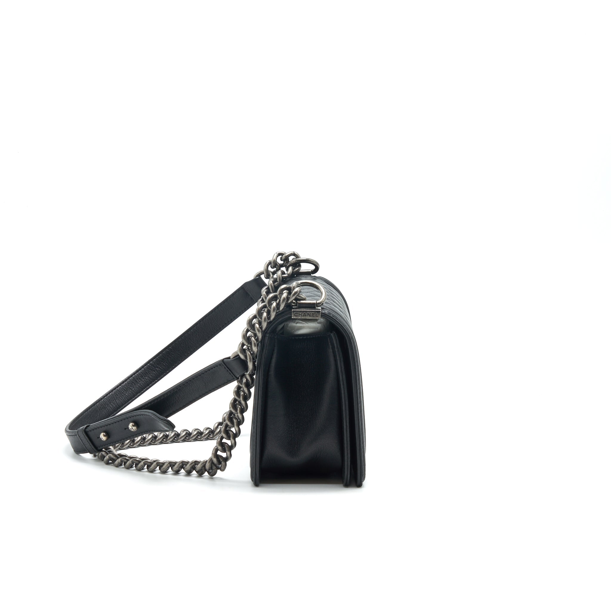 CHANEL OLD MEDIUM LEBOY BAG BLACK RUTHENIUM HARDWARE CALFSKIN