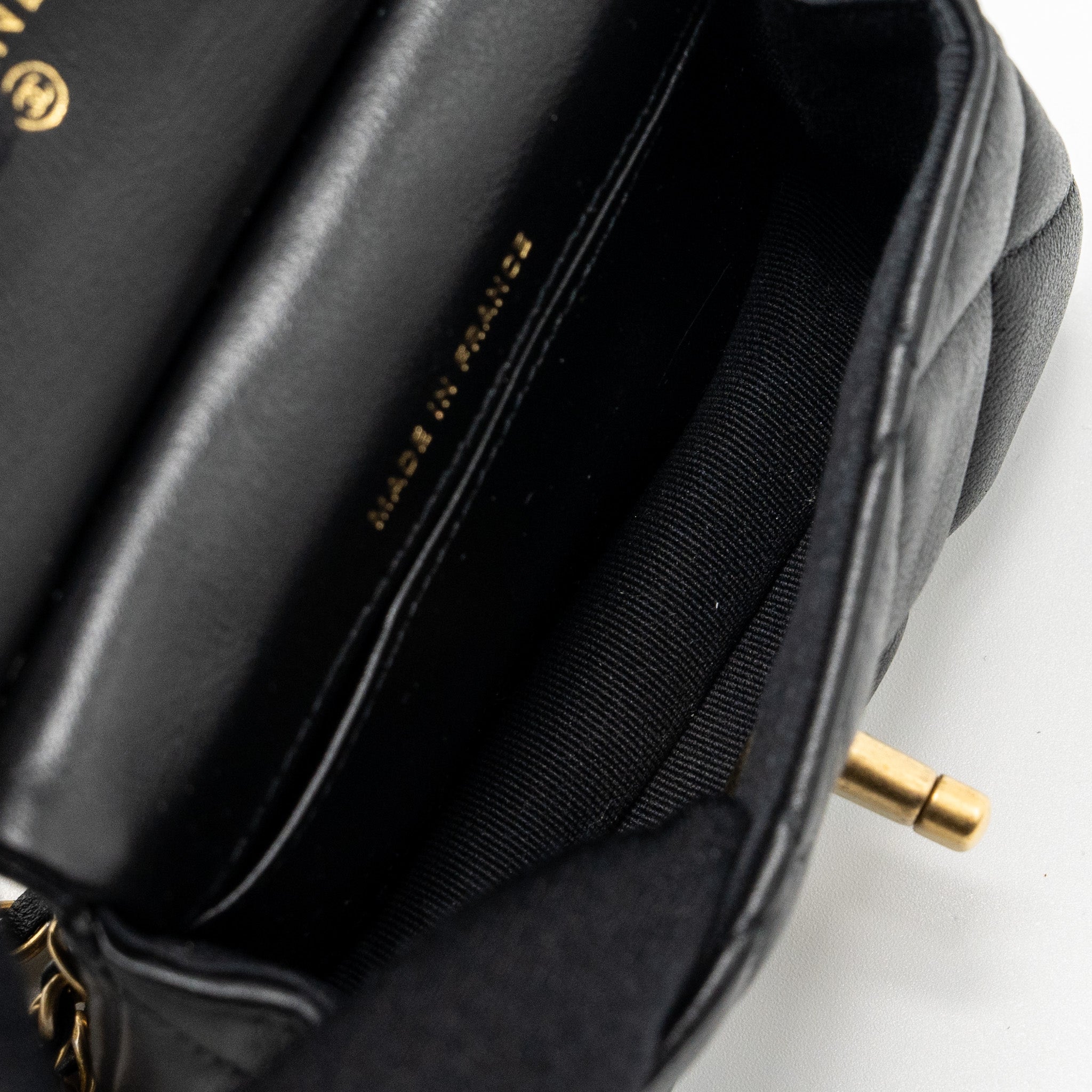 CHANEL 21K MINI FLAP BAG CALFSKIN BLACK BRUSHED GHW