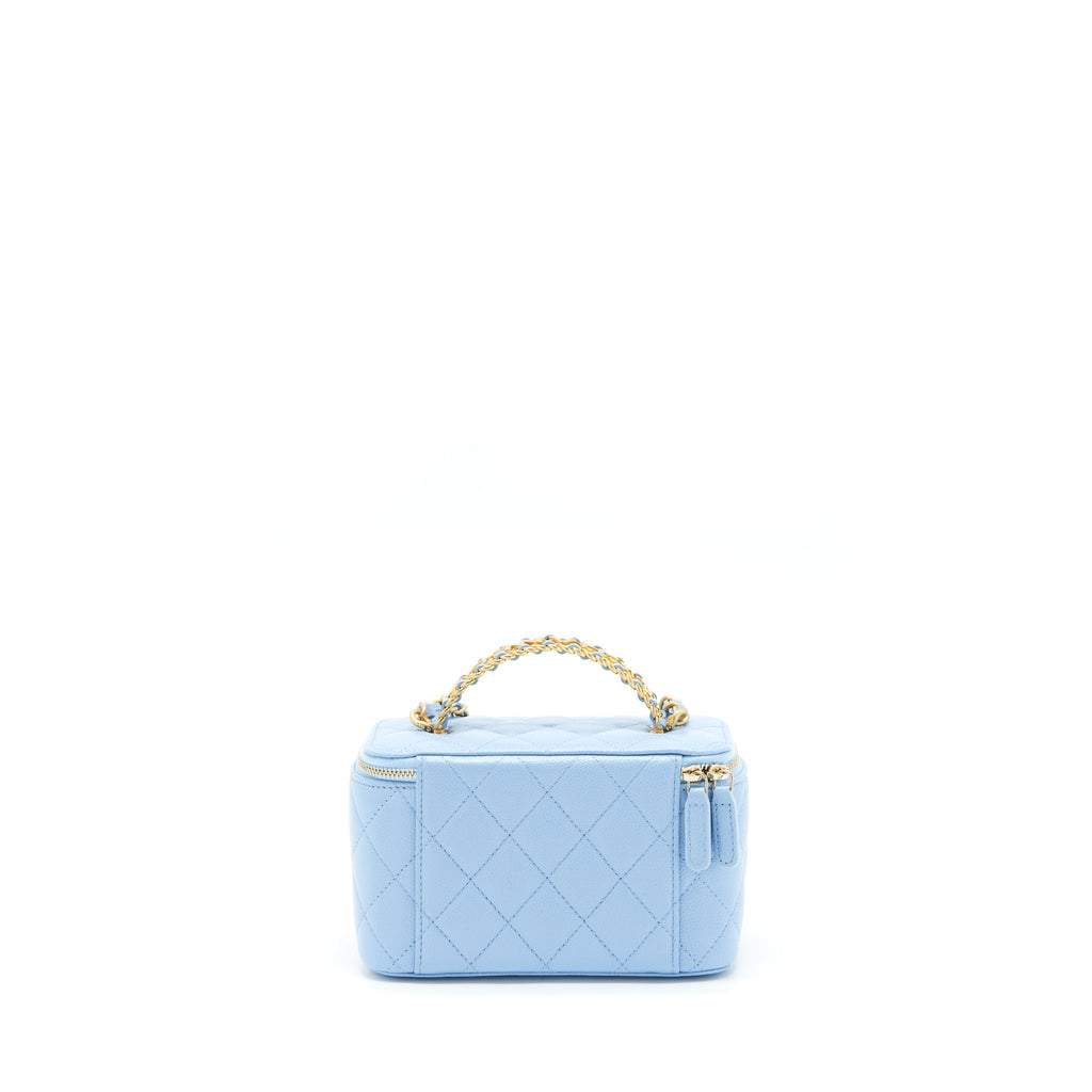 CHANEL 22S LETTER LOGO TOP HANDLE LONG VANITY WITH CHAIN CAVIAR LIGHT BLUE GHW