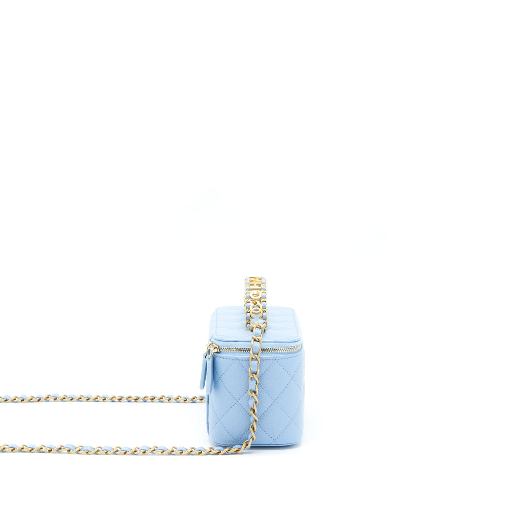 CHANEL 22S LETTER LOGO TOP HANDLE LONG VANITY WITH CHAIN CAVIAR LIGHT BLUE GHW