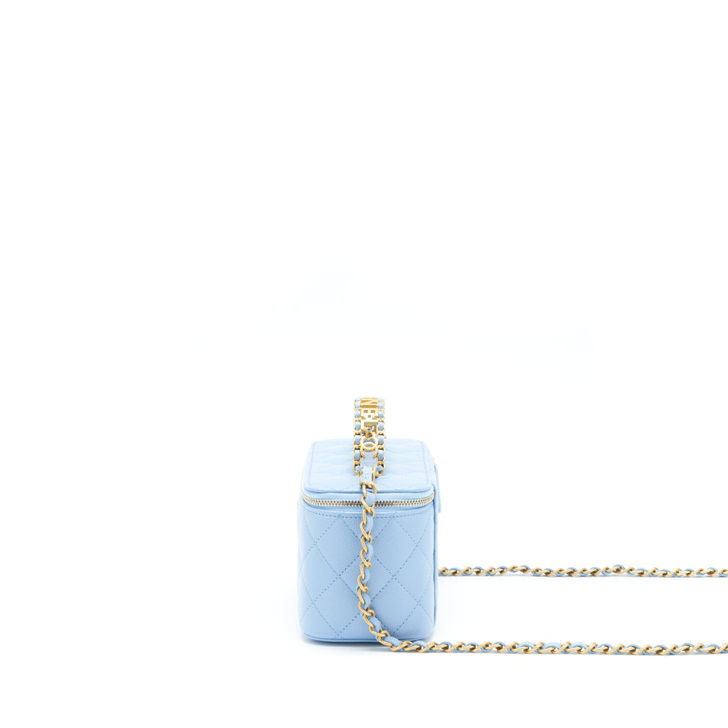 CHANEL 22S LETTER LOGO TOP HANDLE LONG VANITY WITH CHAIN CAVIAR LIGHT BLUE GHW
