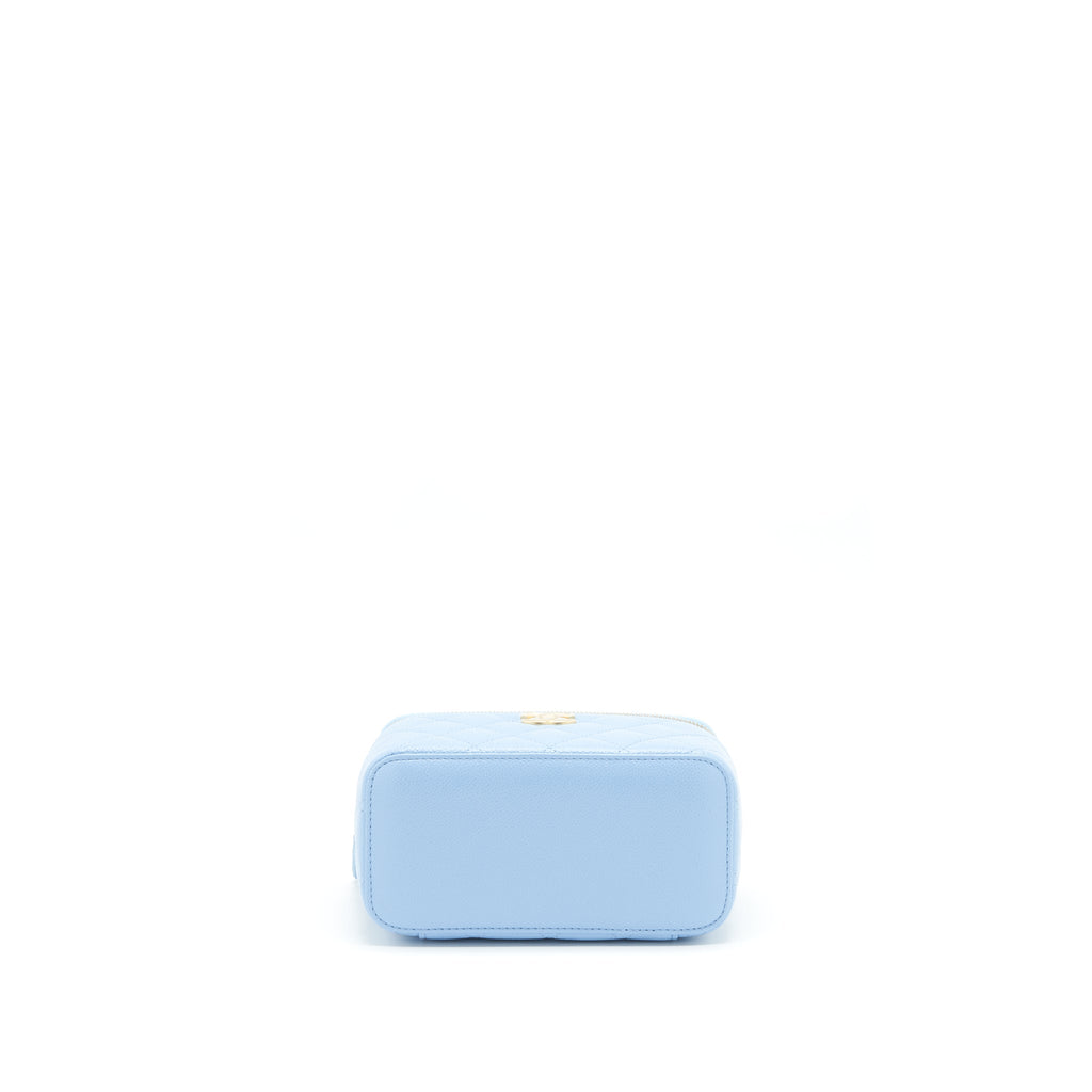 CHANEL 22S LETTER LOGO TOP HANDLE LONG VANITY WITH CHAIN CAVIAR LIGHT BLUE GHW