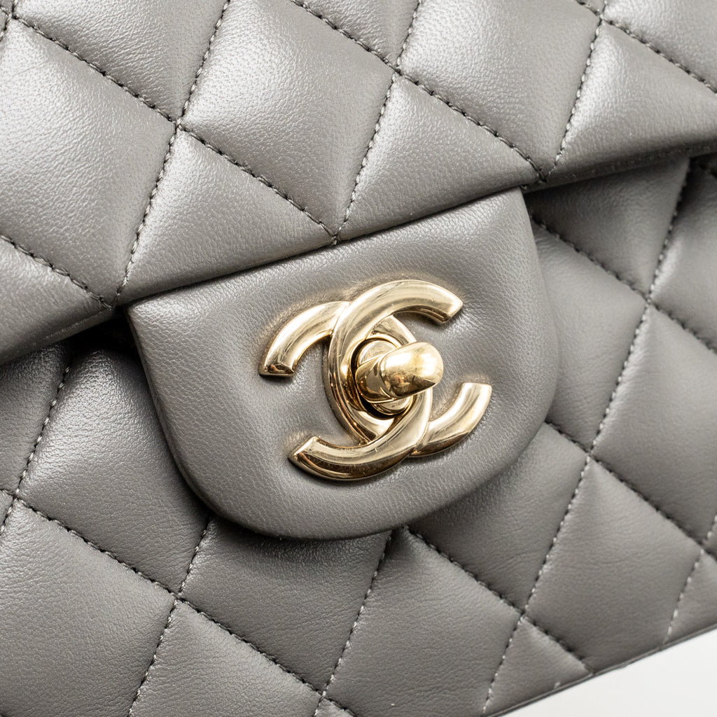 CHANEL SMALL CLASSIC DOUBLE FLAP BAG LAMBSKIN GREY LGHW (MICROCHIP)