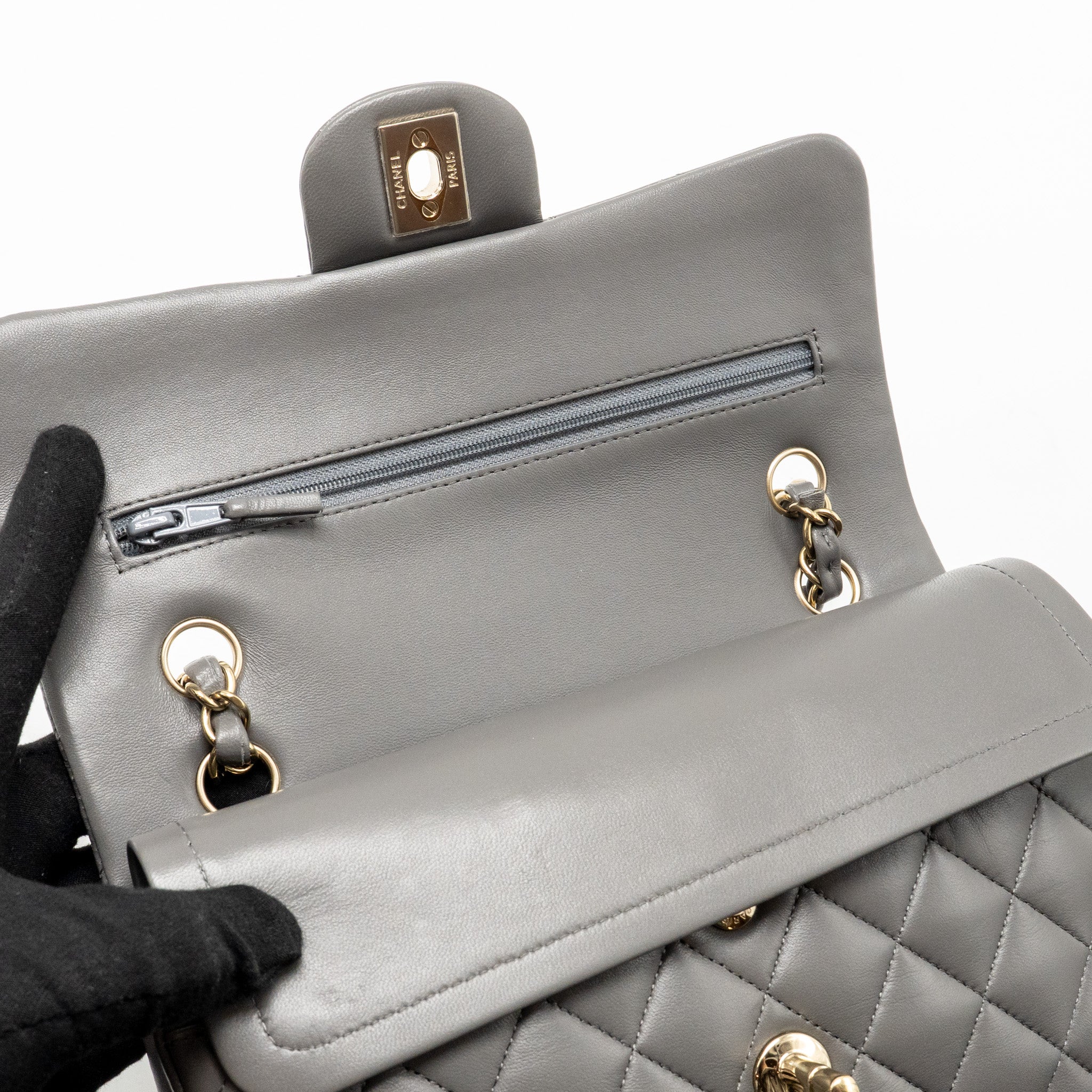 CHANEL SMALL CLASSIC DOUBLE FLAP BAG LAMBSKIN GREY LGHW (MICROCHIP)