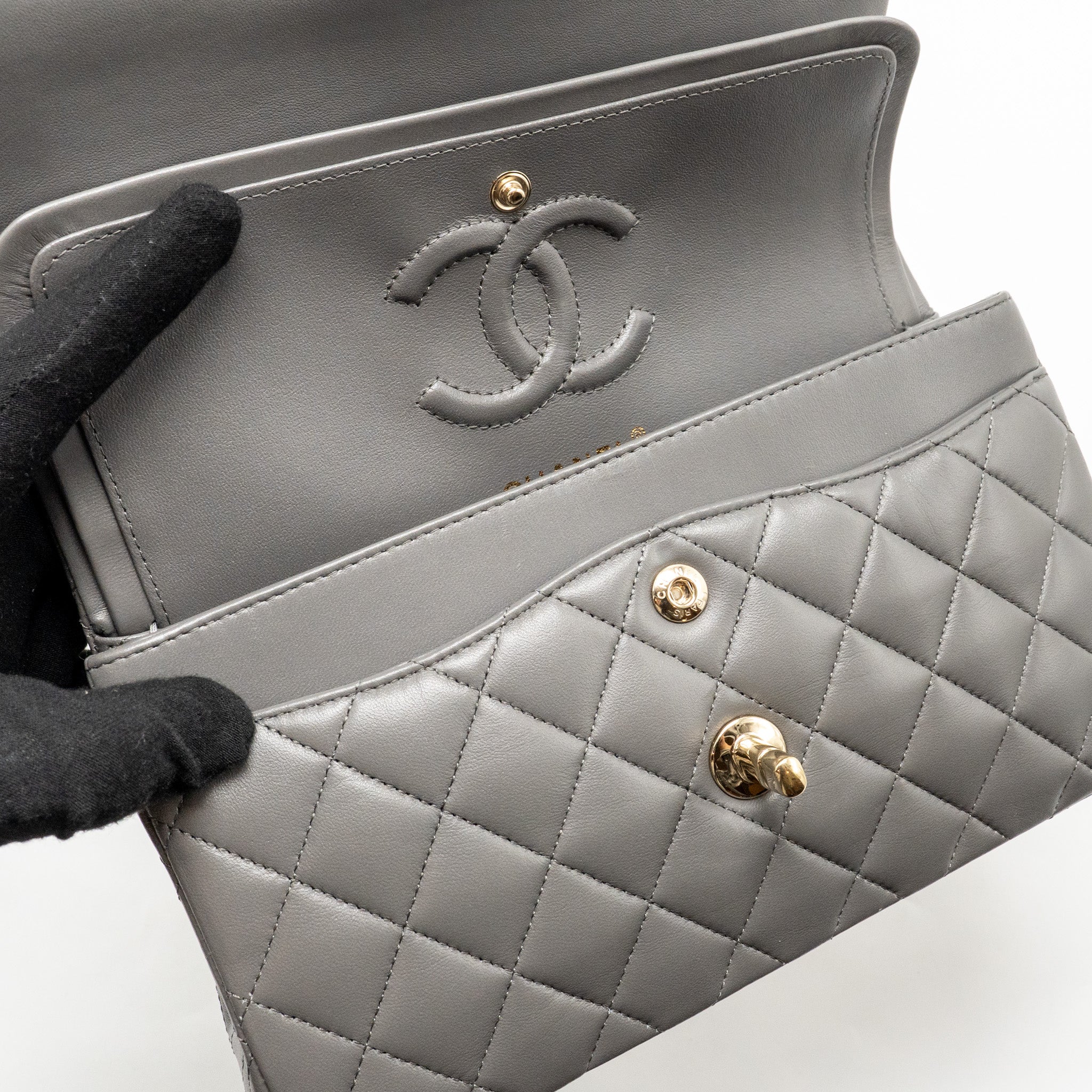 CHANEL SMALL CLASSIC DOUBLE FLAP BAG LAMBSKIN GREY LGHW (MICROCHIP)