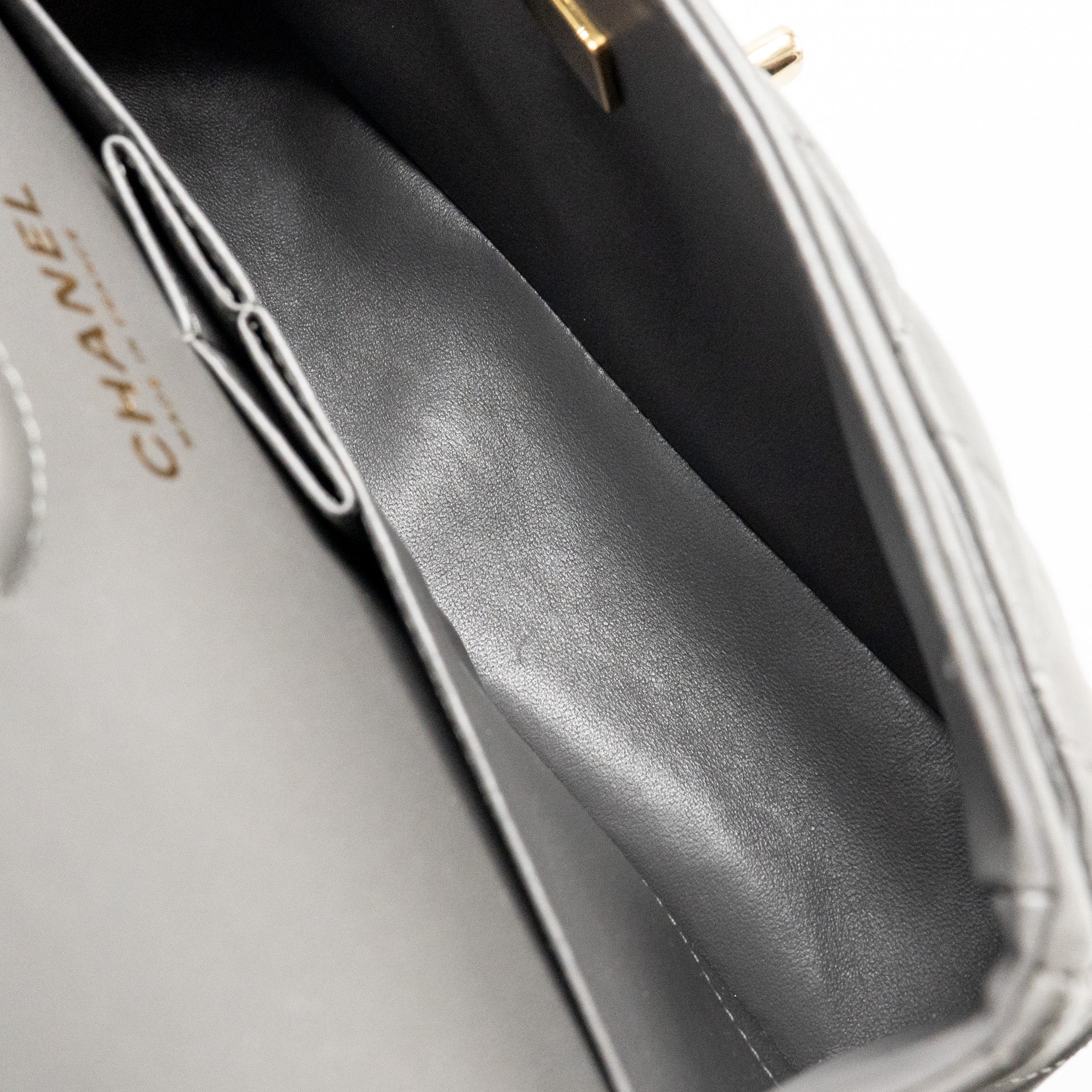 CHANEL SMALL CLASSIC DOUBLE FLAP BAG LAMBSKIN GREY LGHW (MICROCHIP)