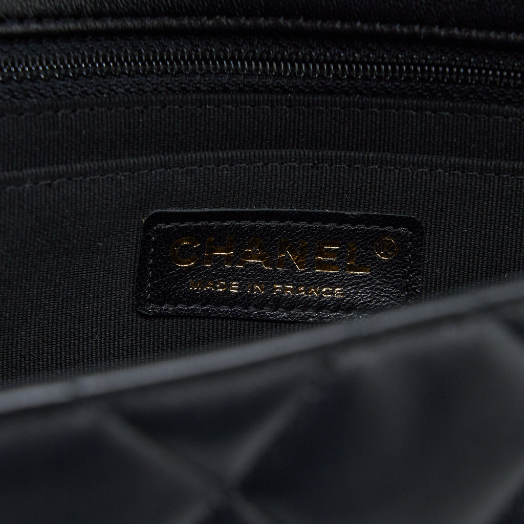 CHANEL QUILTED DETAILED LOGO FLAP BAG LAMBSKIN BLACK GHW (MICROCHIP)