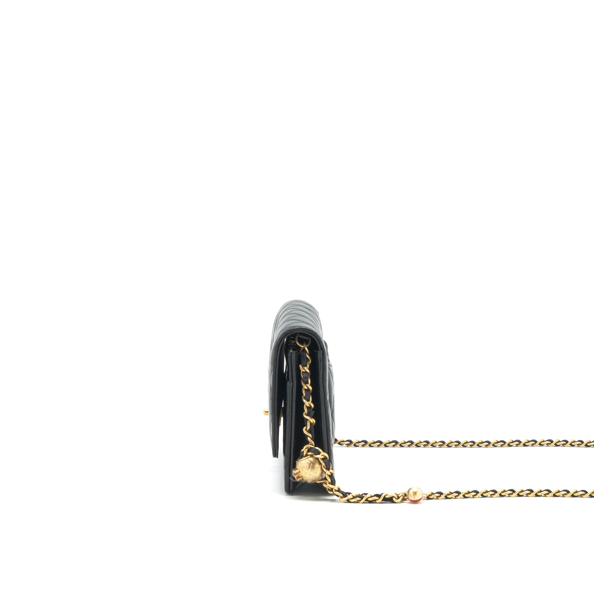 CHANEL PEARL CRUSH WALLET ON CHAIN LAMBSKIN BLACK GHW (MICROCHIP)