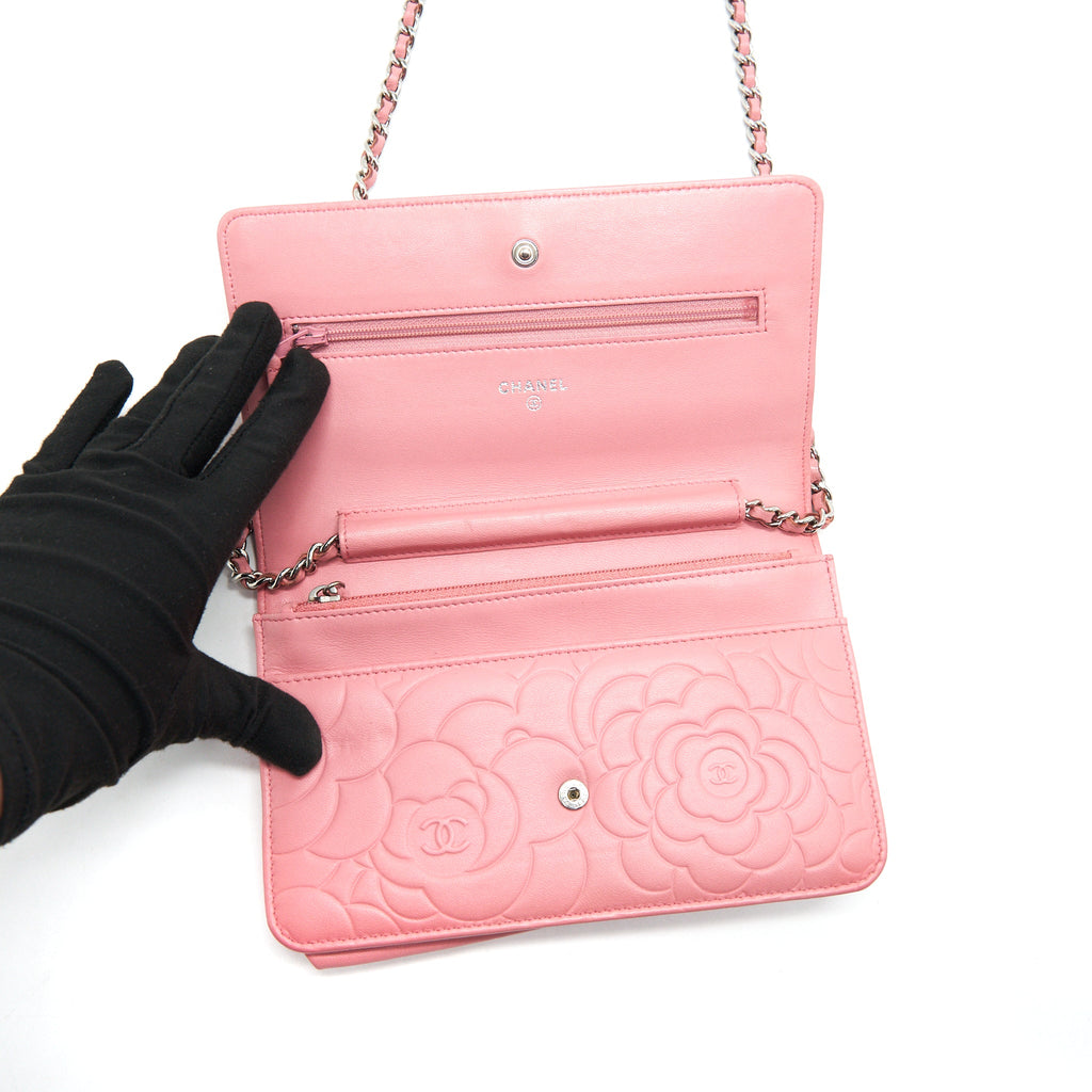 CHANEL CAMELIA WALLET ON CHAIN PINK SHW