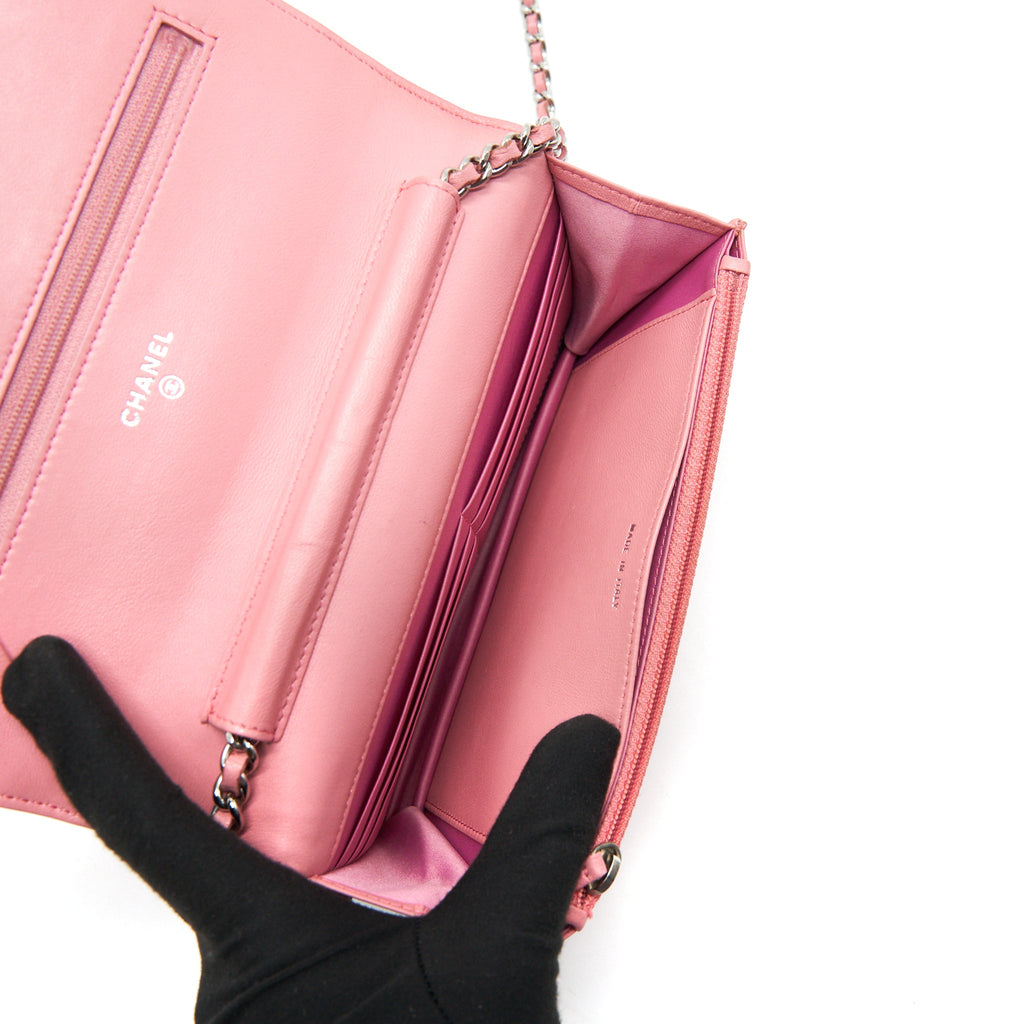 CHANEL CAMELIA WALLET ON CHAIN PINK SHW