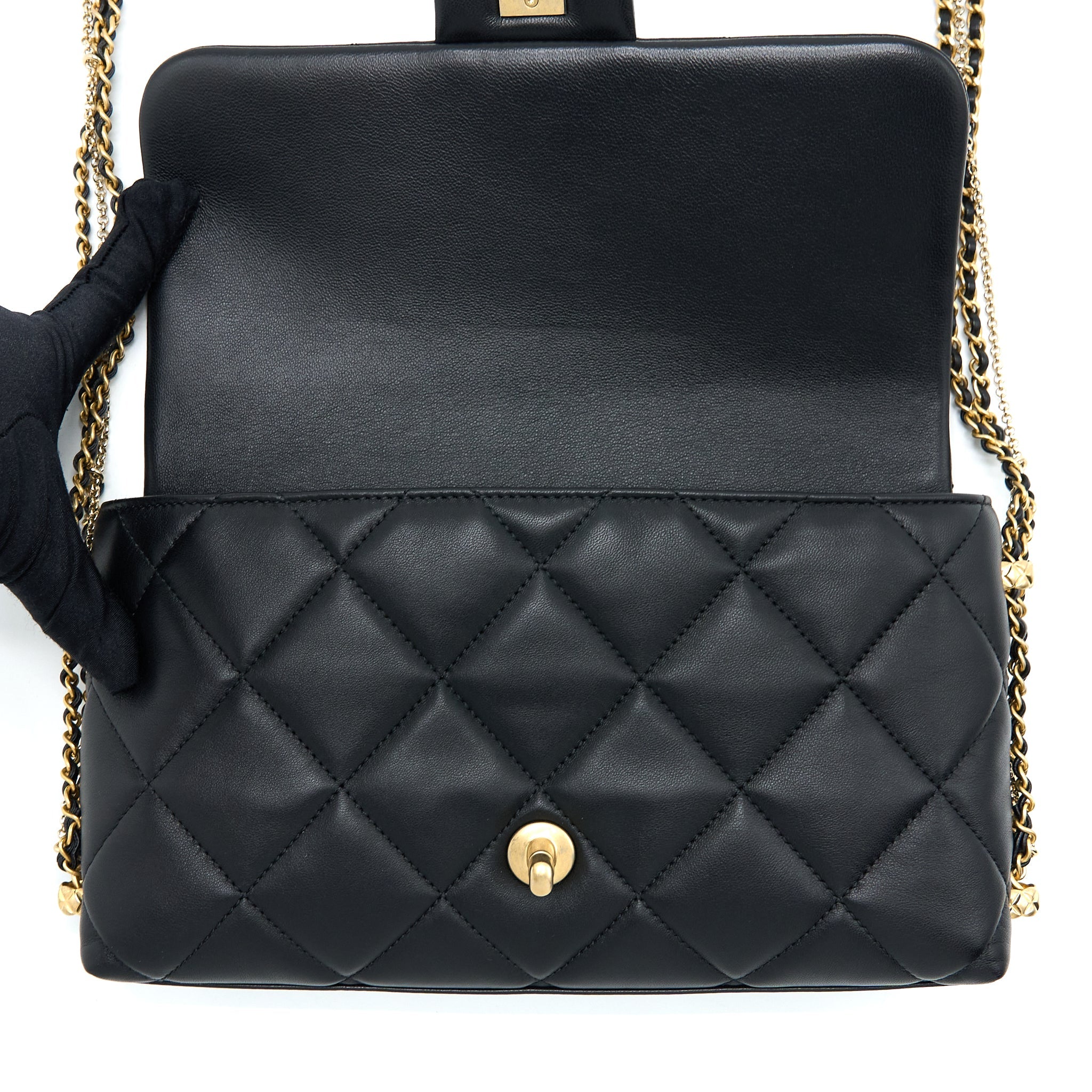 CHANEL QUILTED DETAILED LOGO FLAP BAG LAMBSKIN BLACK GHW (MICROCHIP)