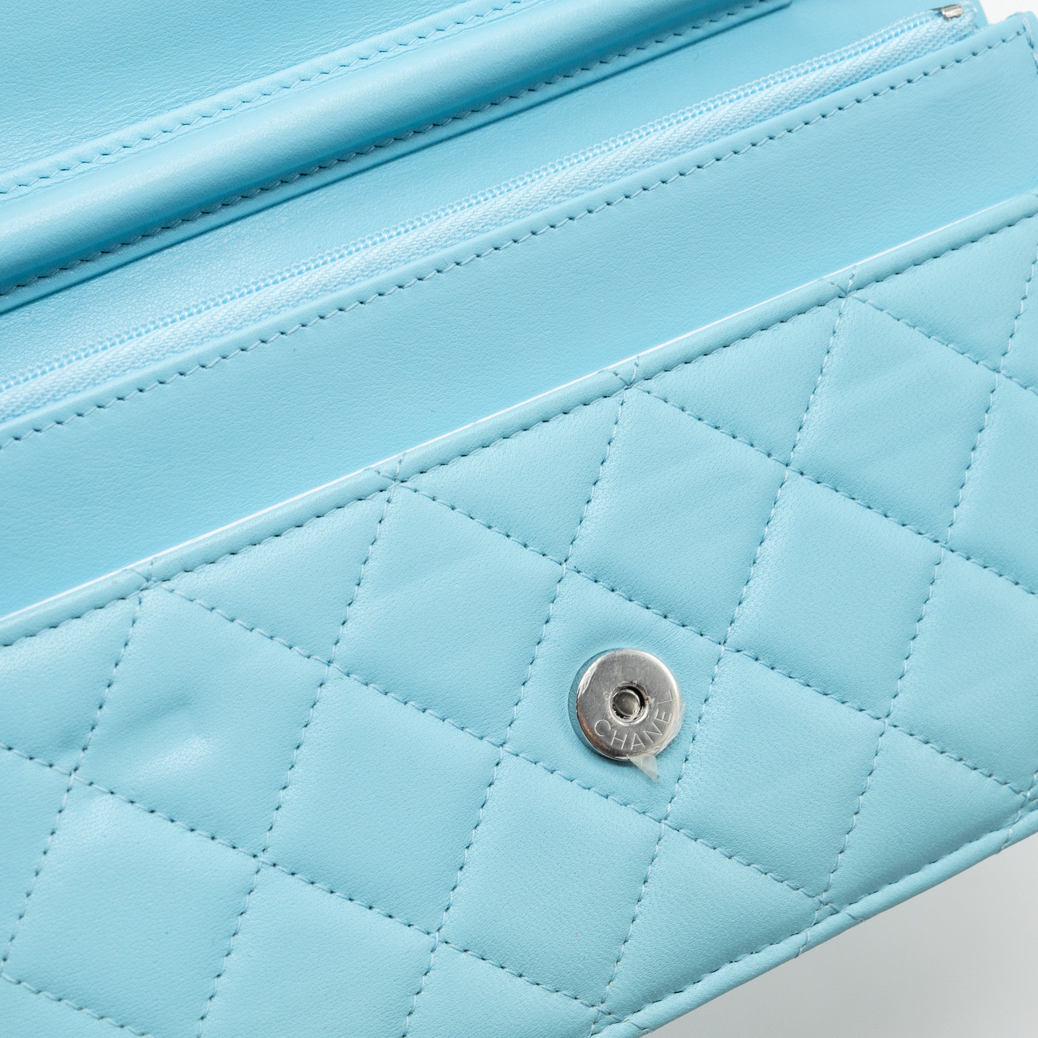 CHANEL CLASSIC WALLET ON CHAIN LAMBSKIN LIGHT BLUE SHW