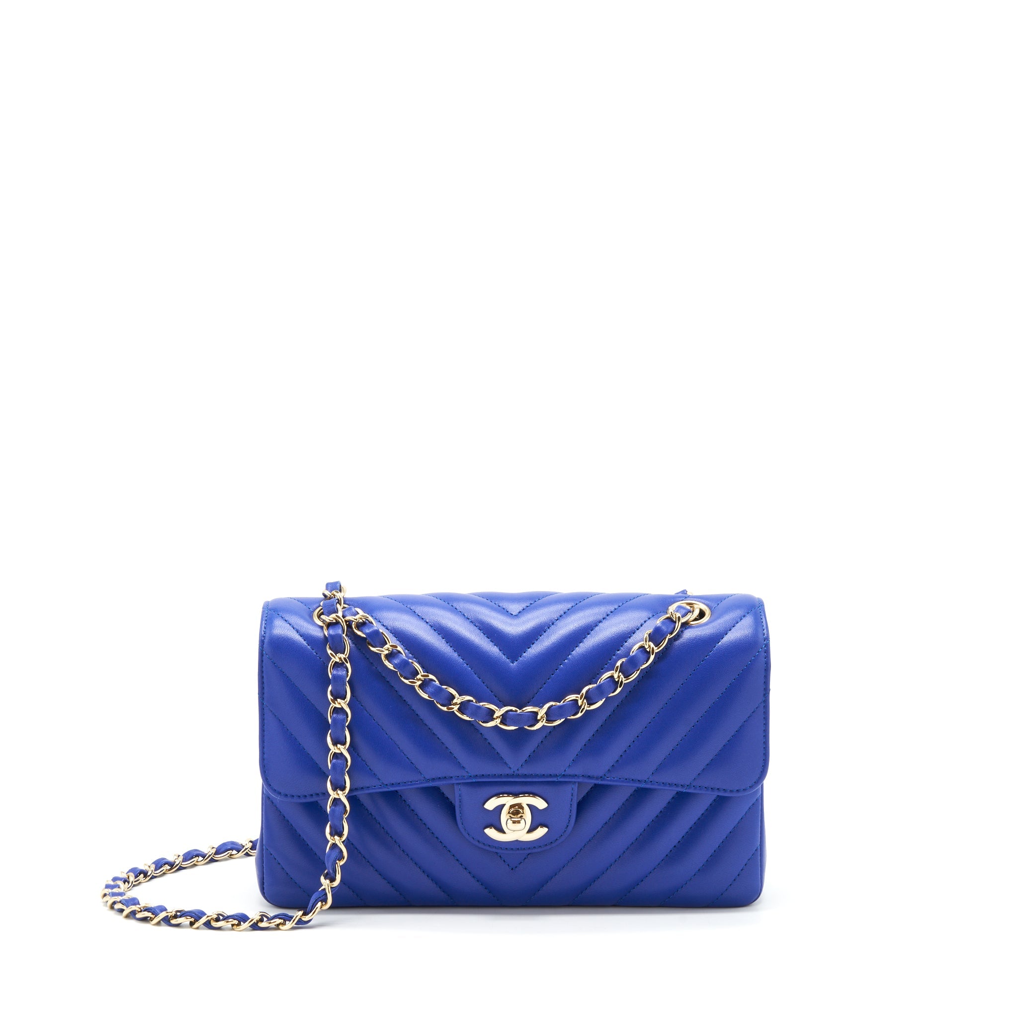 CHANEL SMALL CLASSIC FLAP BAG CHEVRON LAMBSKIN BLUE LGHW