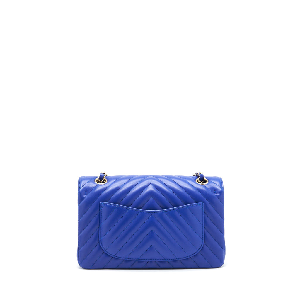 CHANEL SMALL CLASSIC FLAP BAG CHEVRON LAMBSKIN BLUE LGHW