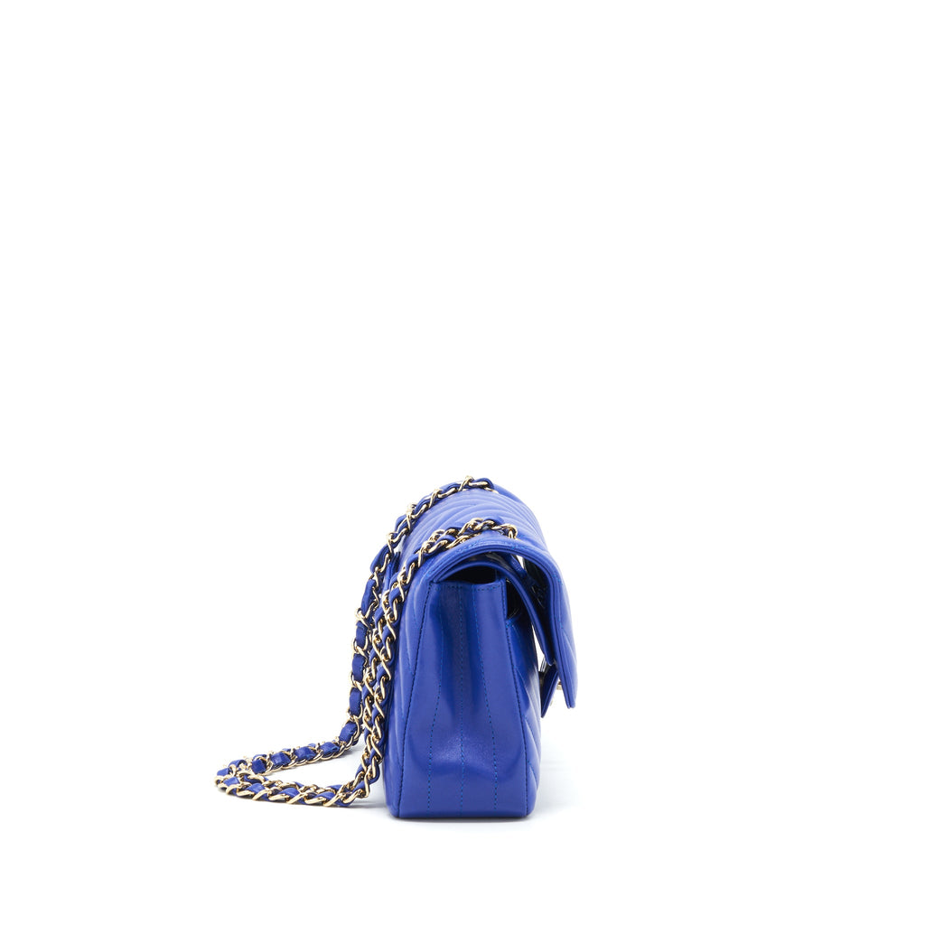 CHANEL SMALL CLASSIC FLAP BAG CHEVRON LAMBSKIN BLUE LGHW