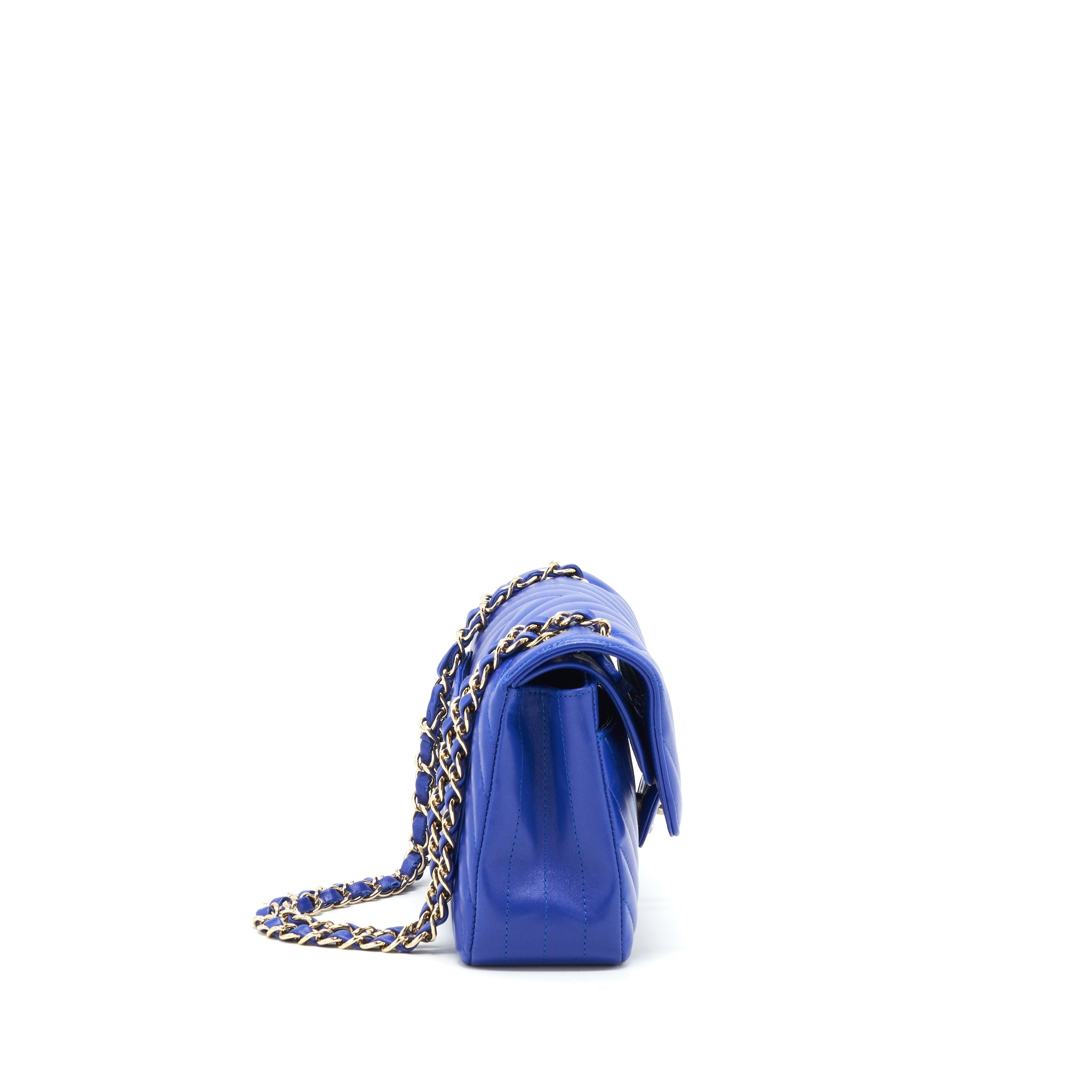 CHANEL SMALL CLASSIC FLAP BAG CHEVRON LAMBSKIN BLUE LGHW