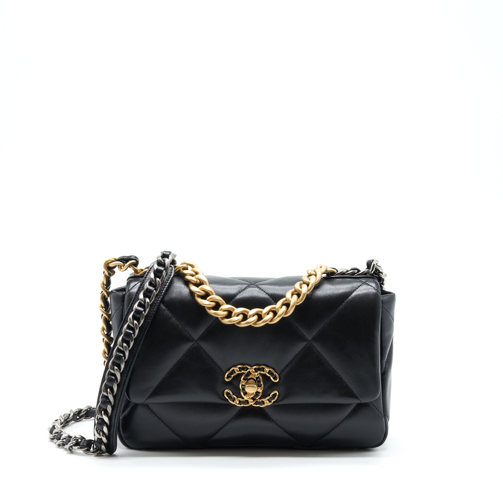 CHANEL SMALL 19 BAG LAMBSKIN BLACK WITH MULTICOLOUR HARDWARE (MICROCHIP)