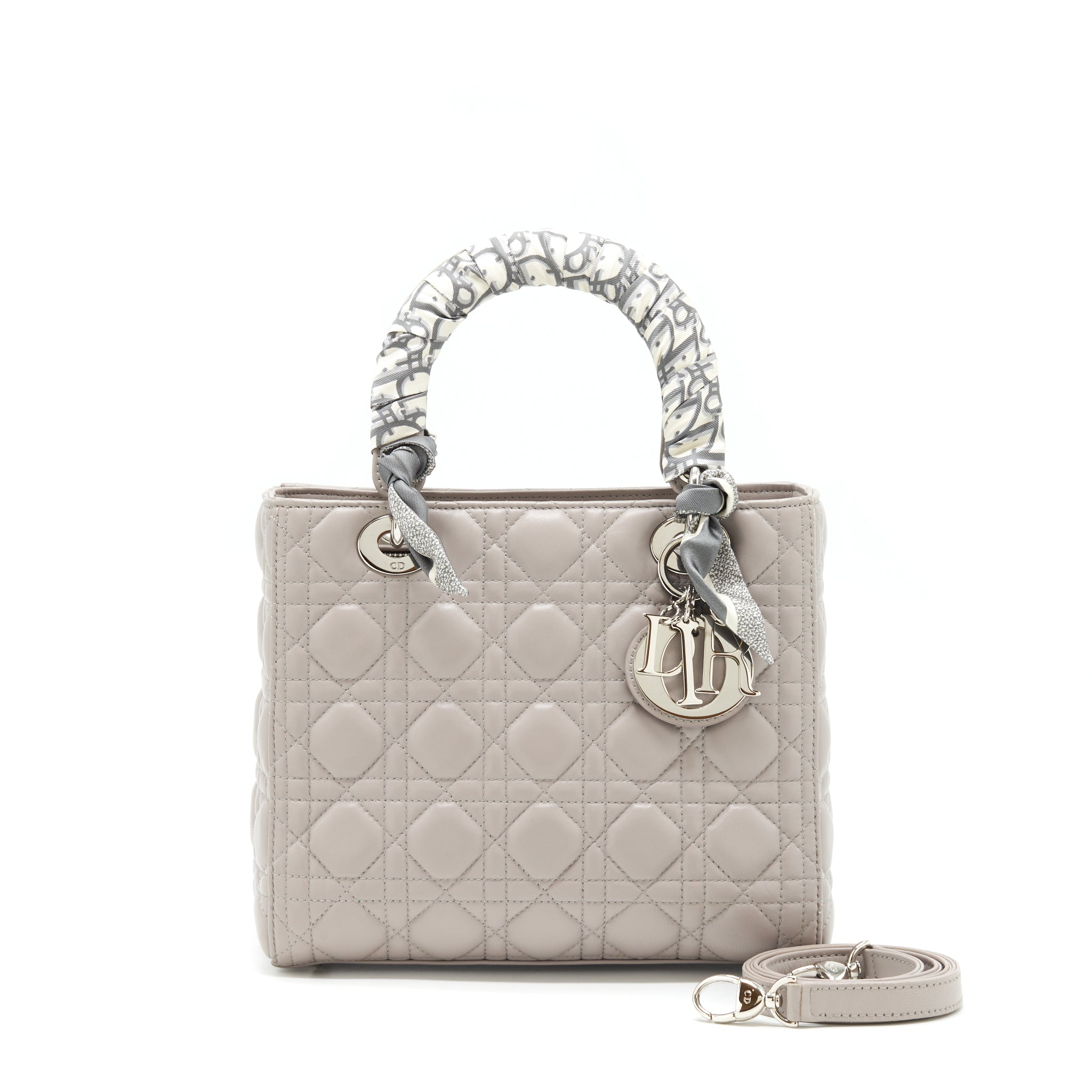 DIOR LADY DIOR MEDIUM LAMBSKIN GREY SHW WITH AN EXTRA TWILLY