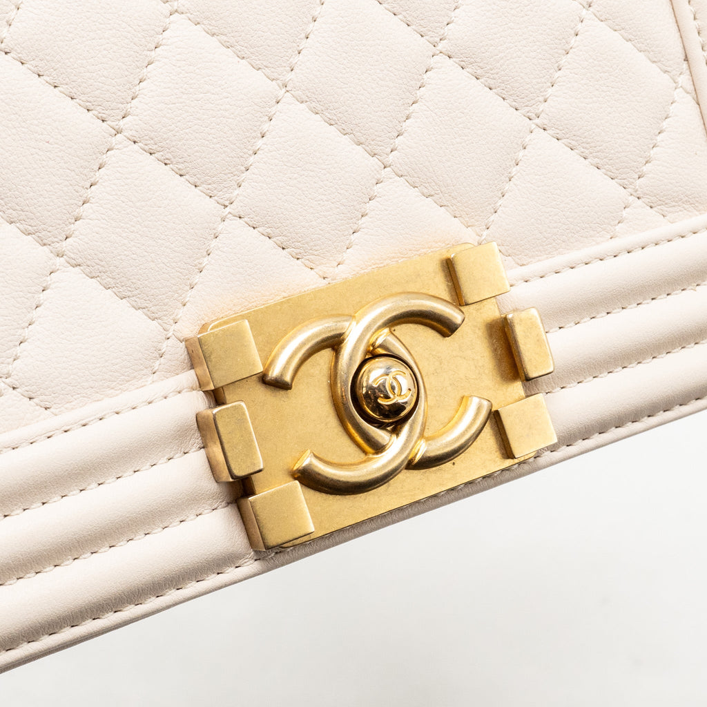 CHANEL SMALL BOY BAG LAMBSKIN CREAM WHITE GHW