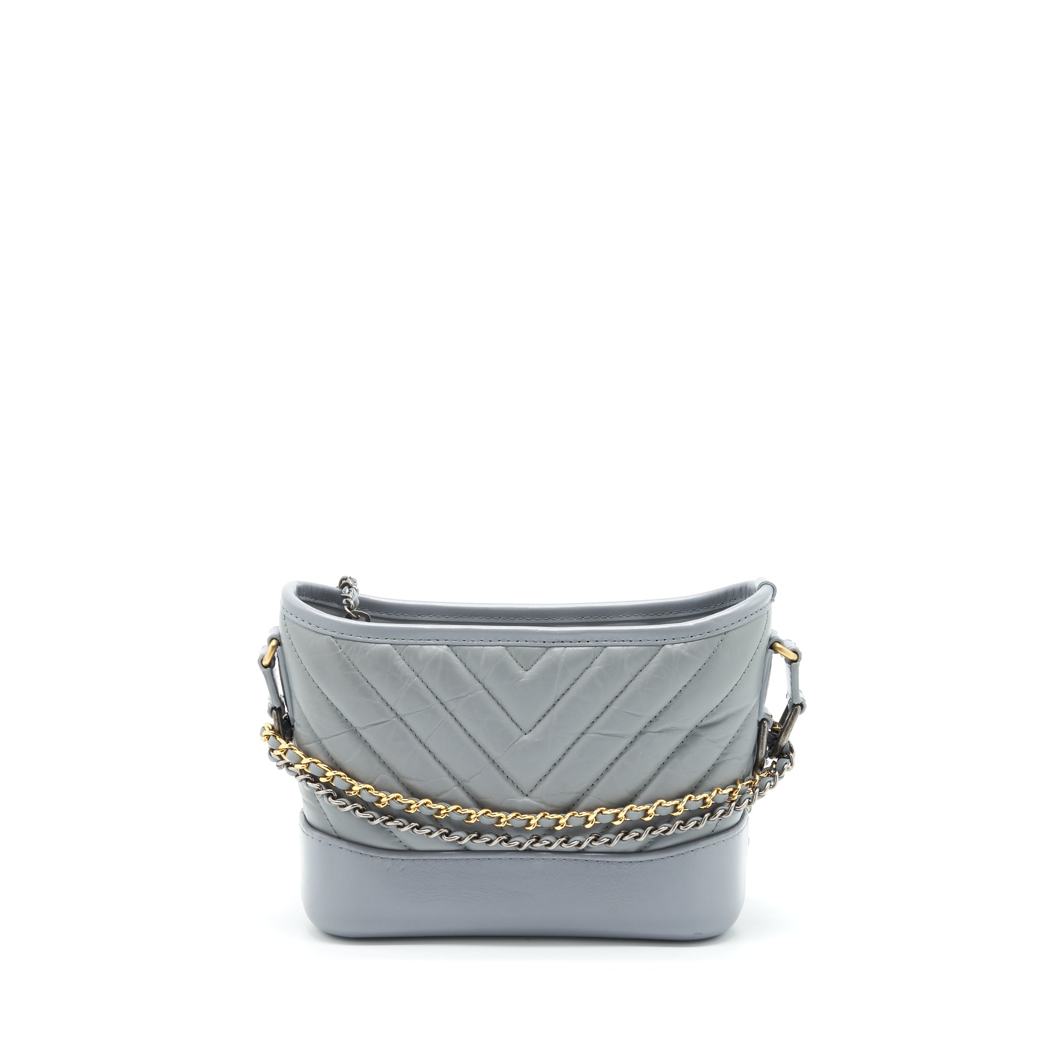 CHANEL SMALL GABRIELLE HOBO BAG CHEVRON AGED CALFSKIN RUTHENIUM GOLD/SILVER HARDWARE