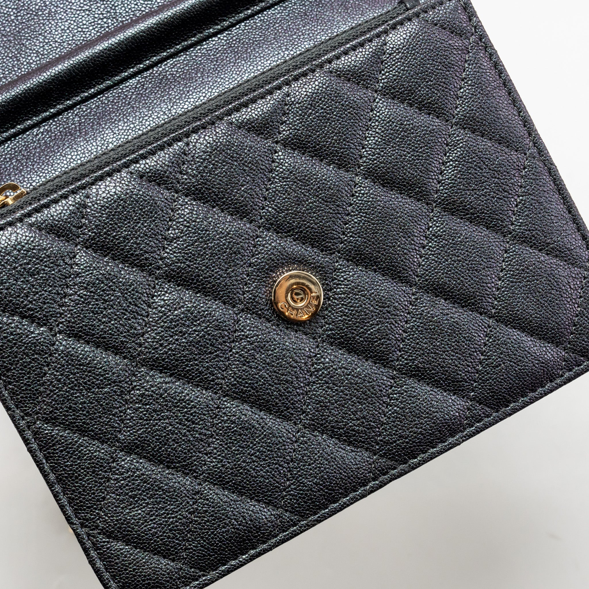 CHANEL QUILTED SQUARE WALLET WITH CHAIN CAVIAR IRIDESCENT BLACK LGHW