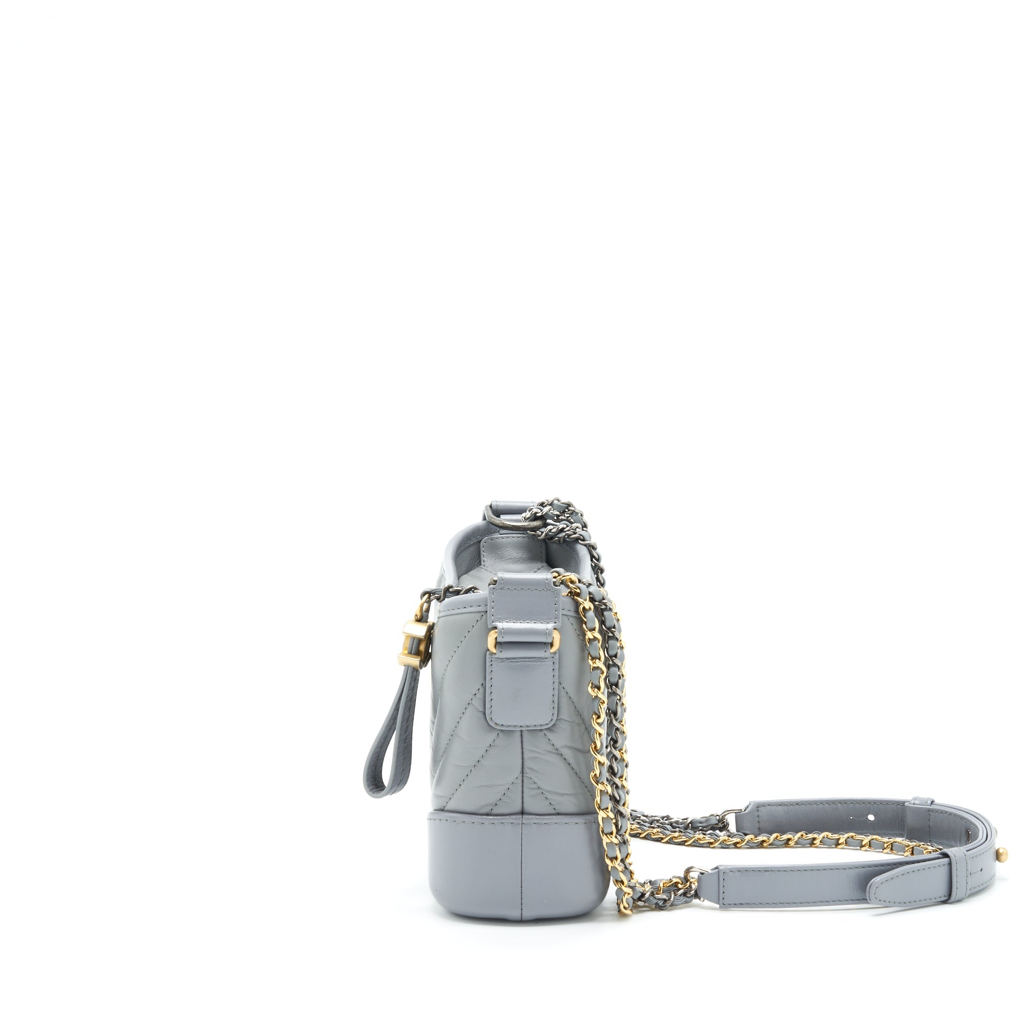 CHANEL SMALL GABRIELLE HOBO BAG CHEVRON AGED CALFSKIN RUTHENIUM GOLD/SILVER HARDWARE