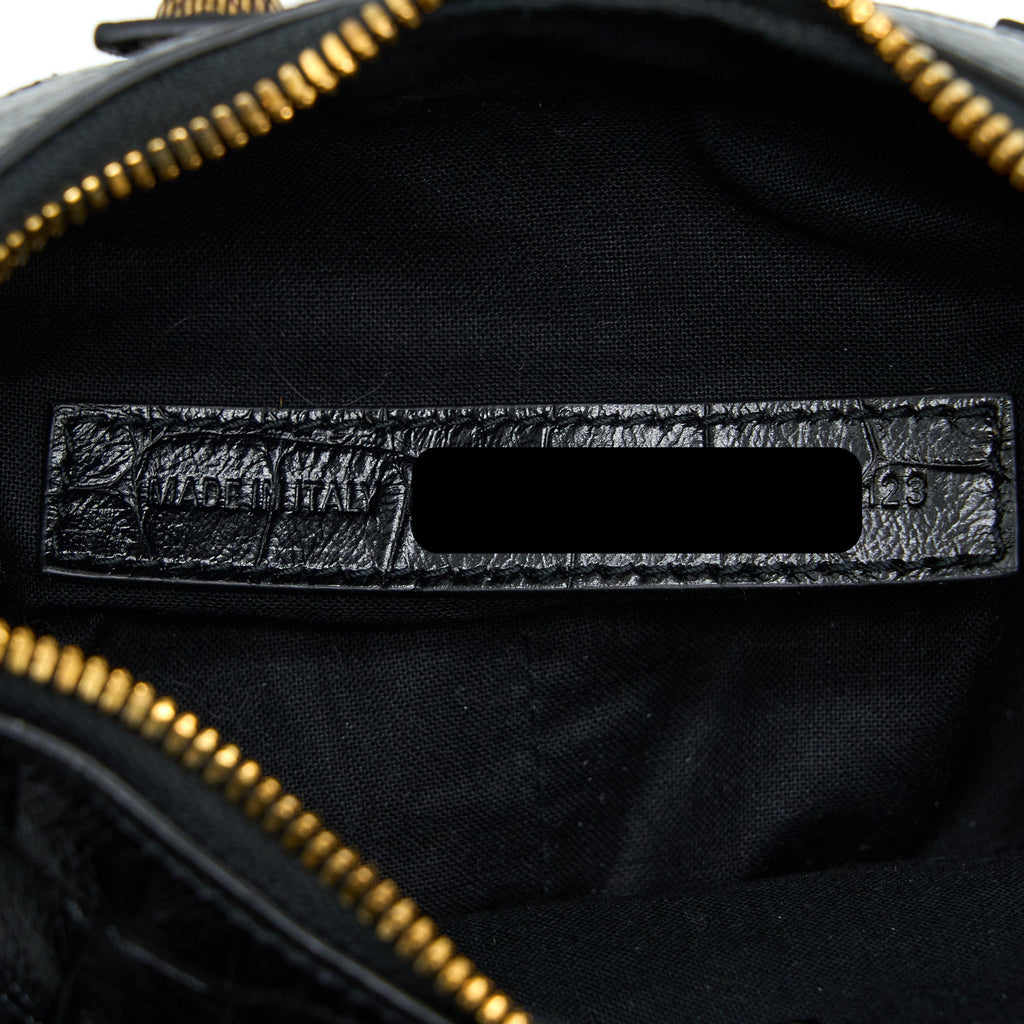 BALENCIAGA LE CAGOLE XS SHOULDER BAG CROC-EMBOSSED CALFSKIN BLACK AGED-GOLD HARDWARE