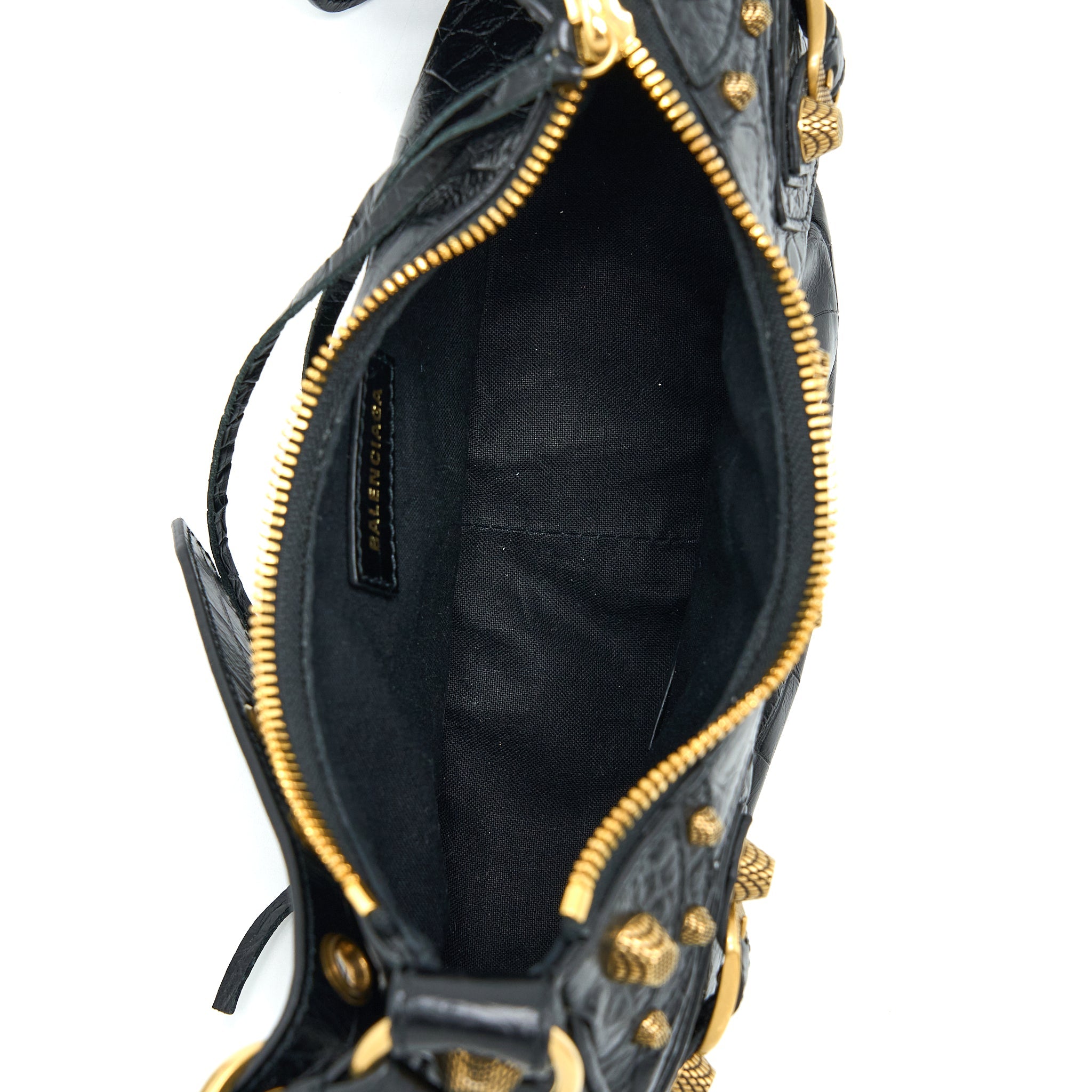 BALENCIAGA LE CAGOLE XS SHOULDER BAG CROC-EMBOSSED CALFSKIN BLACK AGED-GOLD HARDWARE