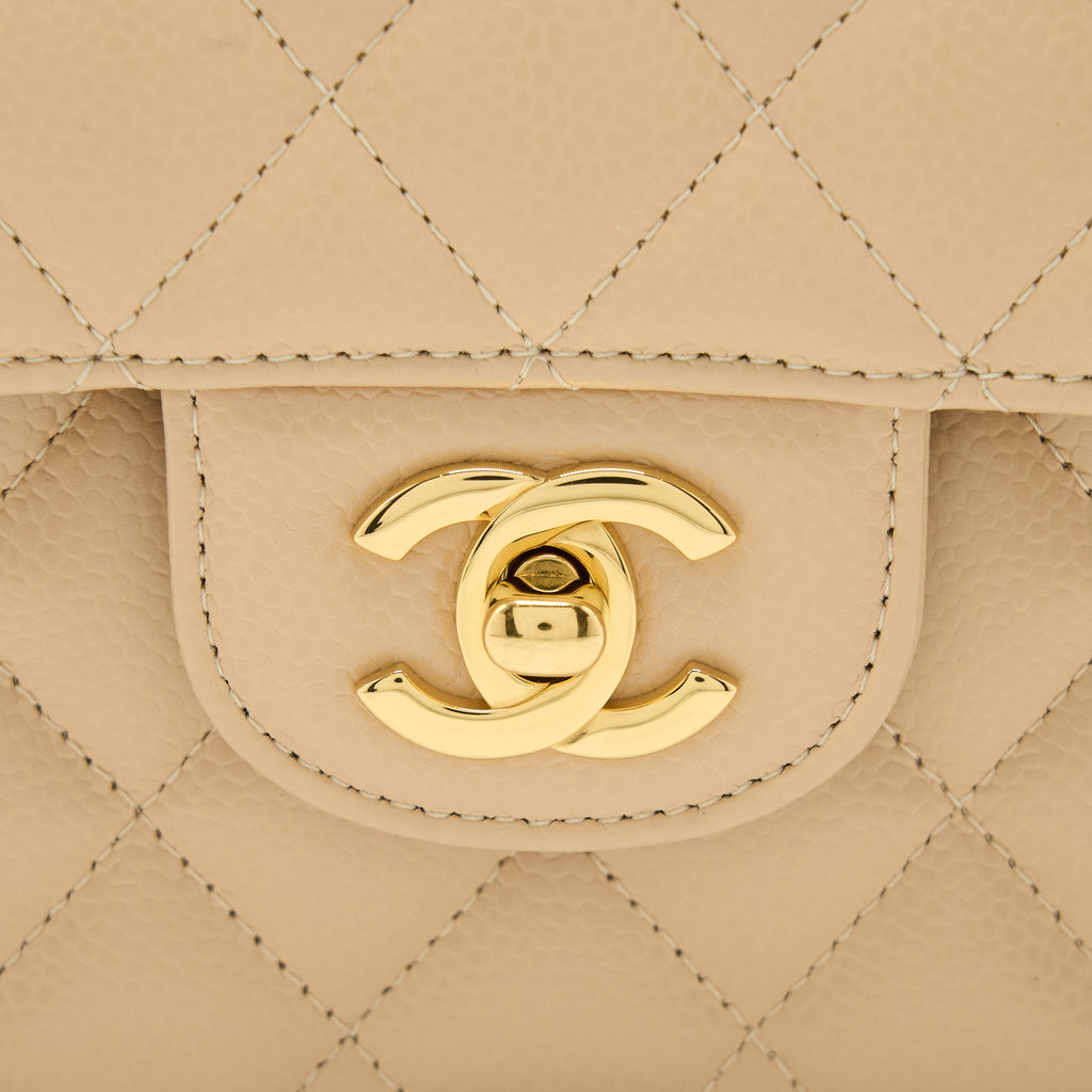 CHANEL SMALL CLASSIC DOUBLE FLAP BAG CAVIAR BEIGE GHW (MICROCHIP)