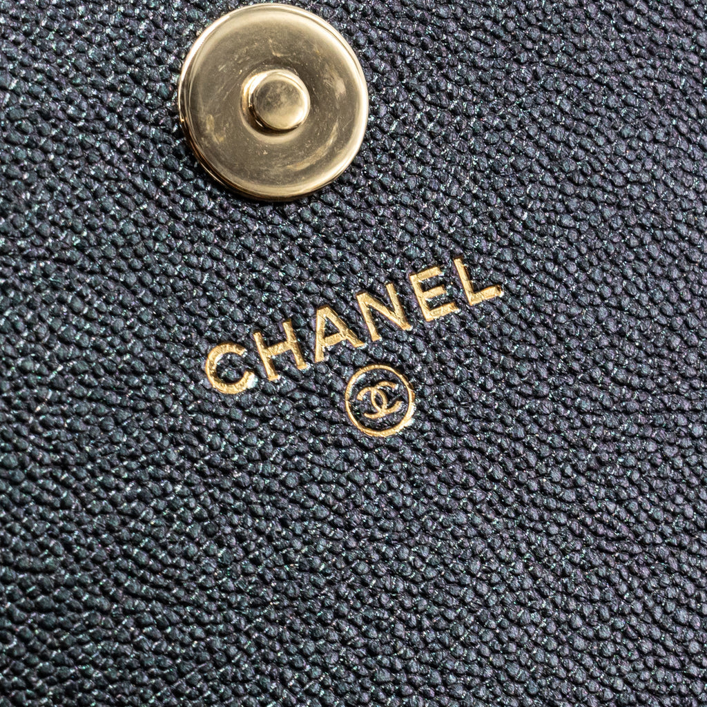 CHANEL QUILTED SQUARE WALLET WITH CHAIN CAVIAR IRIDESCENT BLACK LGHW