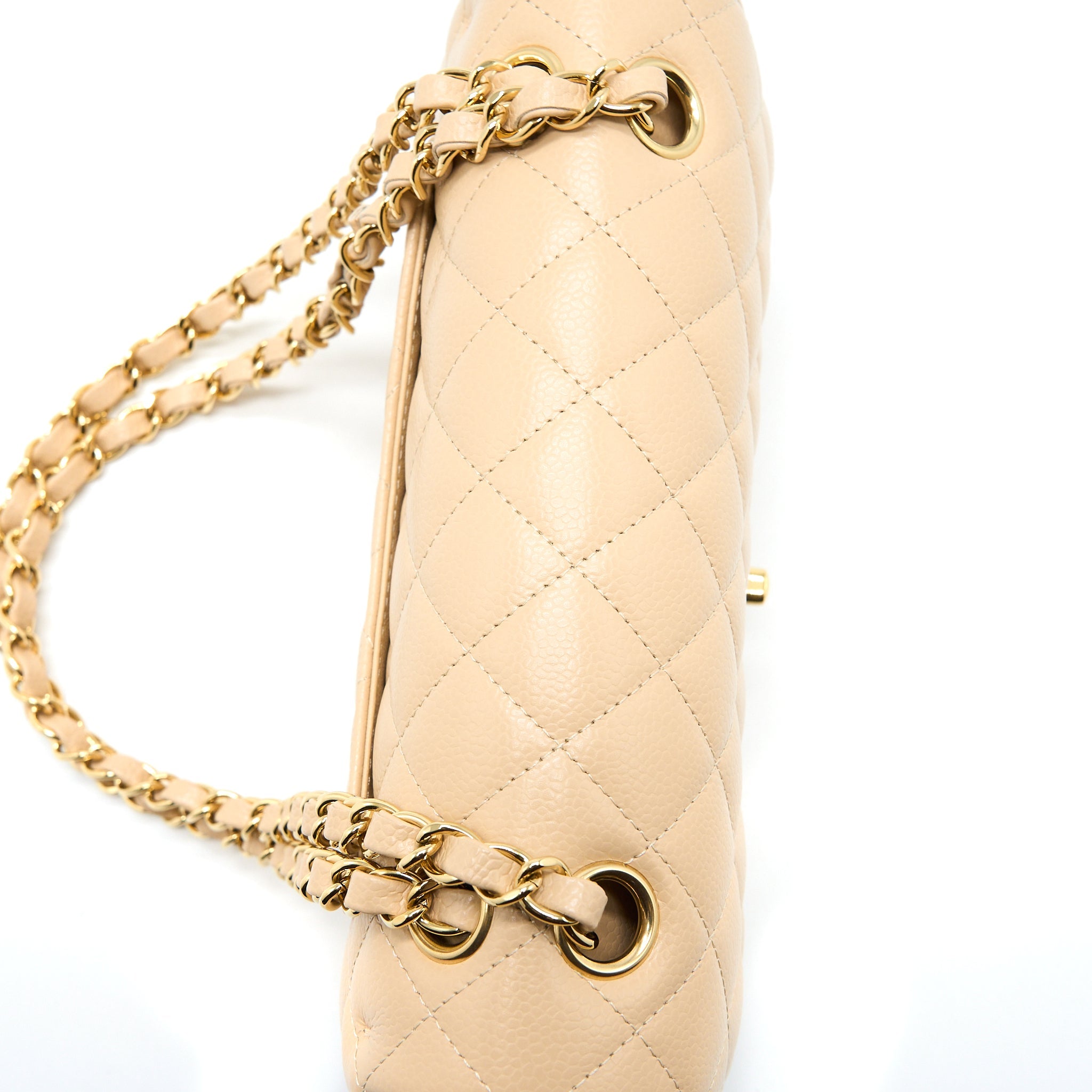 CHANEL SMALL CLASSIC DOUBLE FLAP BAG CAVIAR BEIGE GHW (MICROCHIP)
