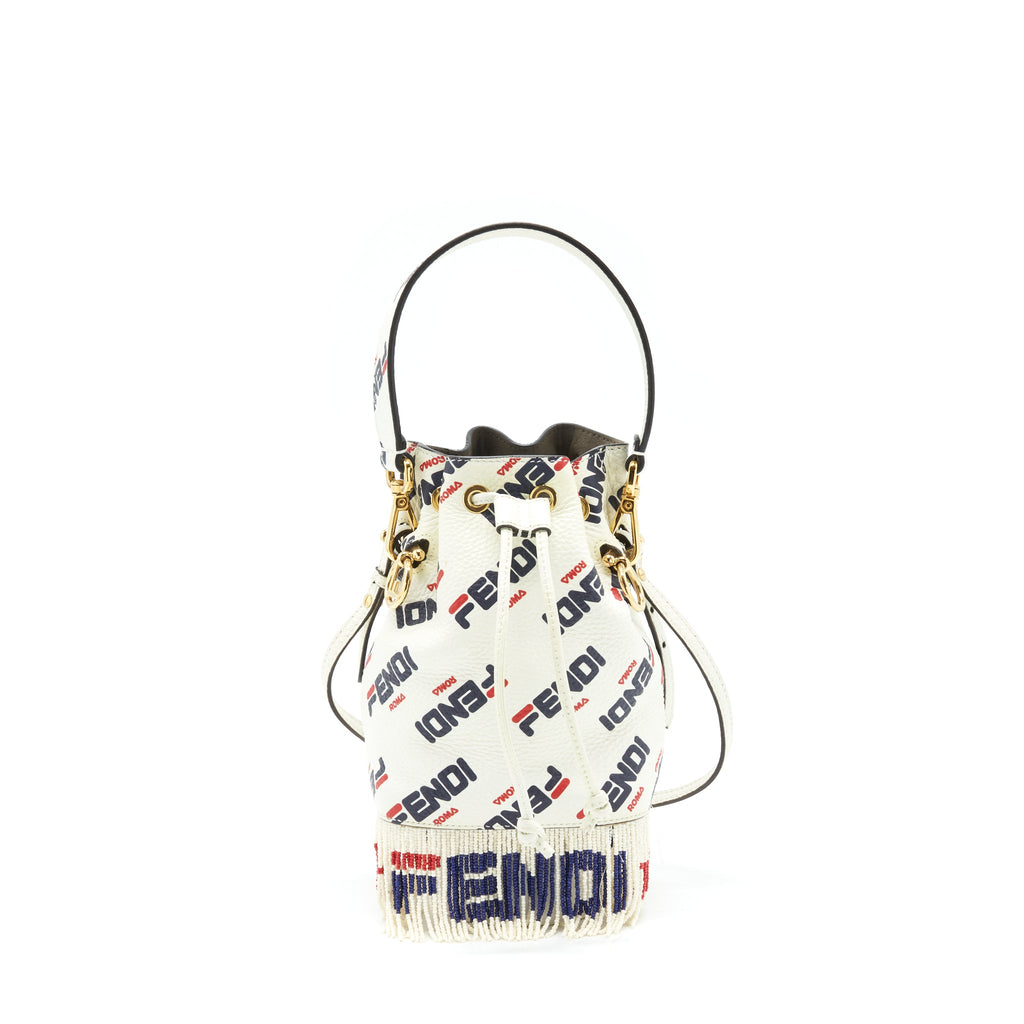 FENDI X FILA MINI LOGO MON TRESOR DRAWSTRING BUCKET BAG WHITE GHW