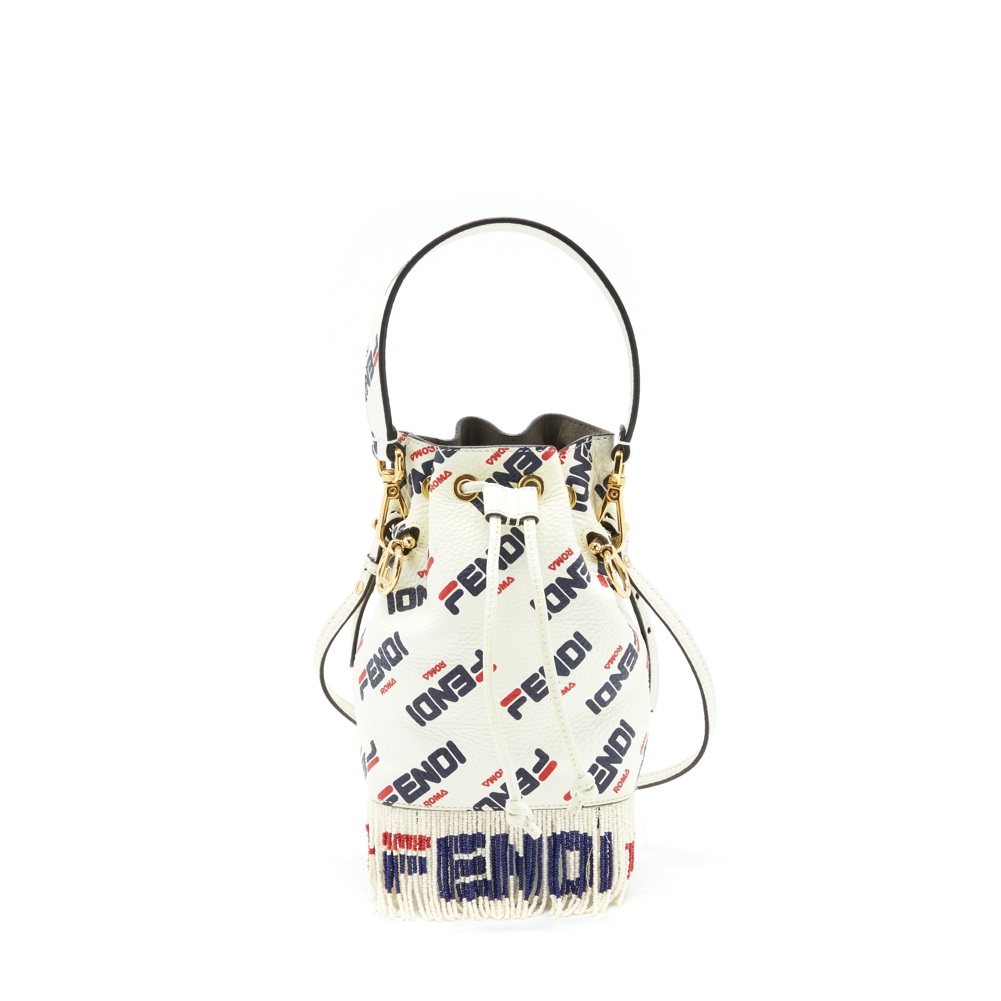 FENDI X FILA MINI LOGO MON TRESOR DRAWSTRING BUCKET BAG WHITE GHW