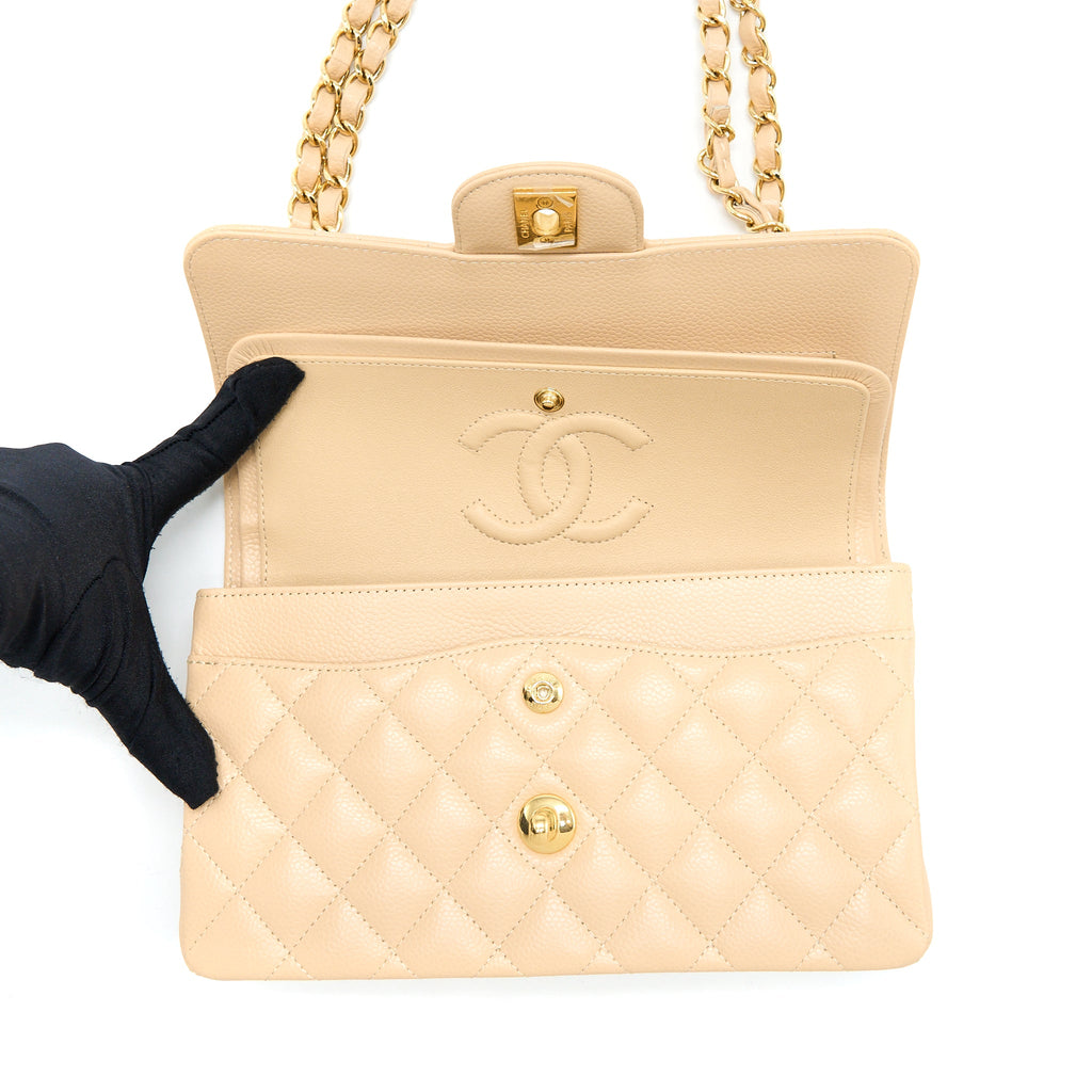 CHANEL SMALL CLASSIC DOUBLE FLAP BAG CAVIAR BEIGE GHW (MICROCHIP)