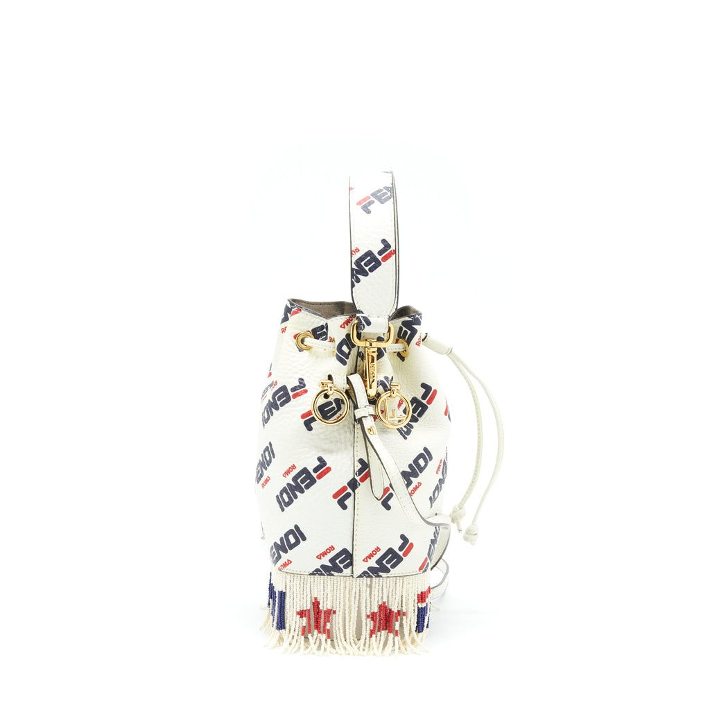 FENDI X FILA MINI LOGO MON TRESOR DRAWSTRING BUCKET BAG WHITE GHW