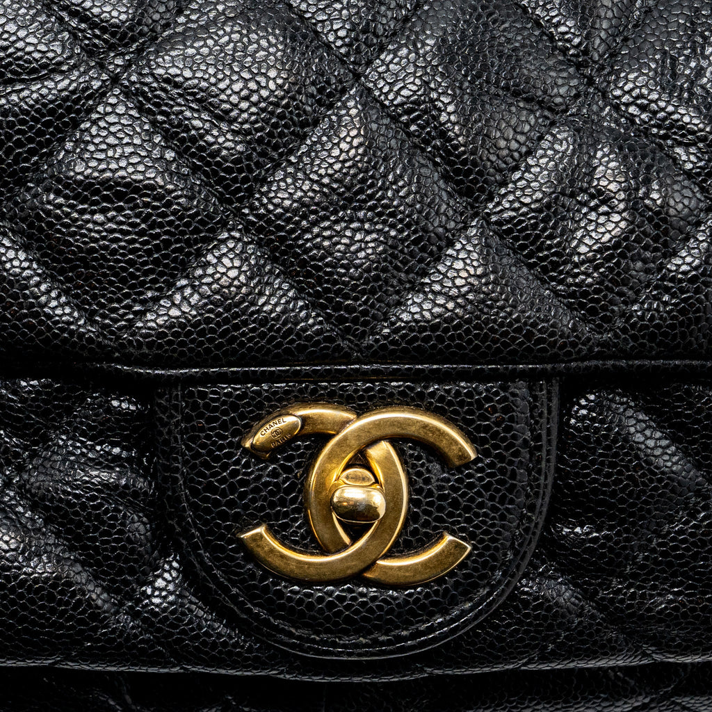 CHANEL LARGE FLAP BAG GRAINED CALFSKIN BLACK BRUSHED GHW