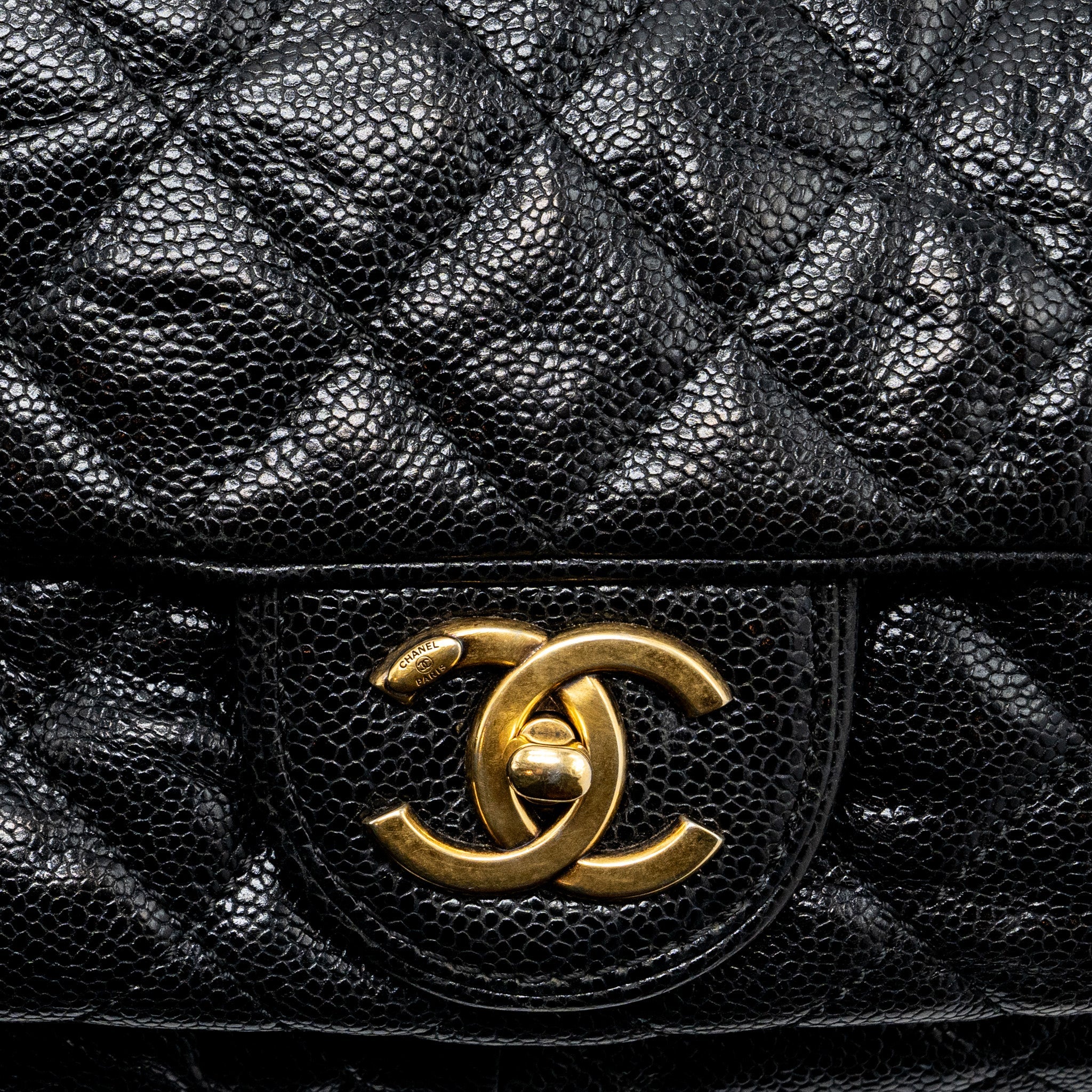 CHANEL LARGE FLAP BAG GRAINED CALFSKIN BLACK BRUSHED GHW
